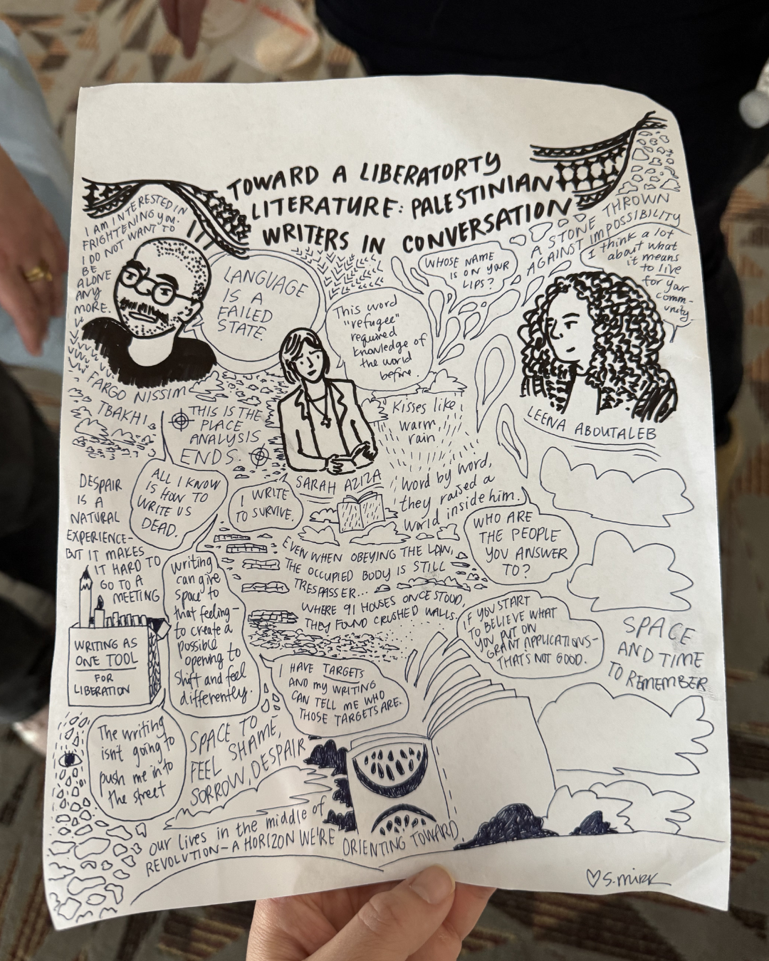 A black and white illustration of Fargo Nissim Tbakhi, Sarah Aziza, and leena aboutaleb by Shay Mirk. The illustrations are surrounded by quotes from the event.