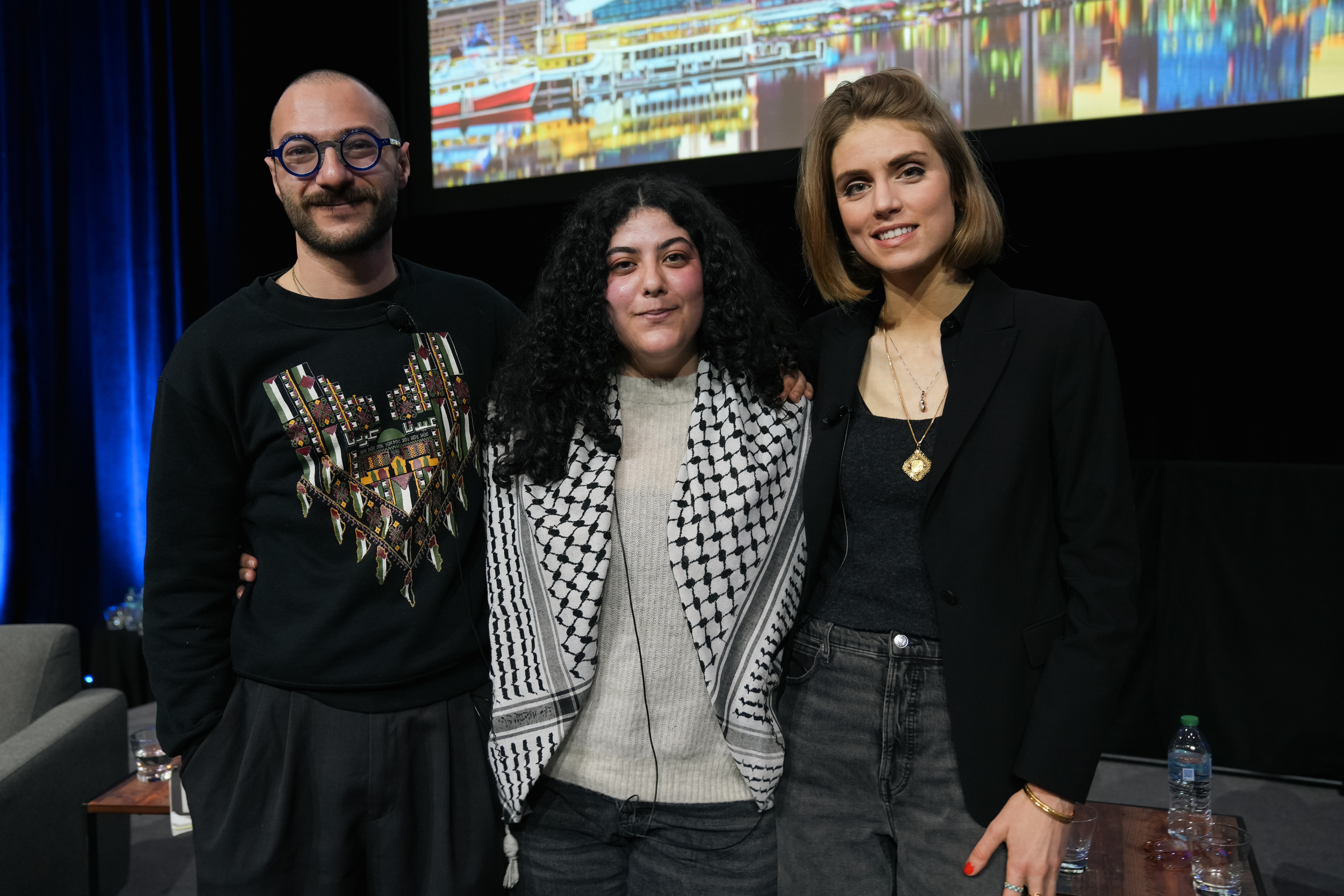 A group shot of Fargo Nissim Tbakhi, leena aboutaleb, and Sarah Aziza.