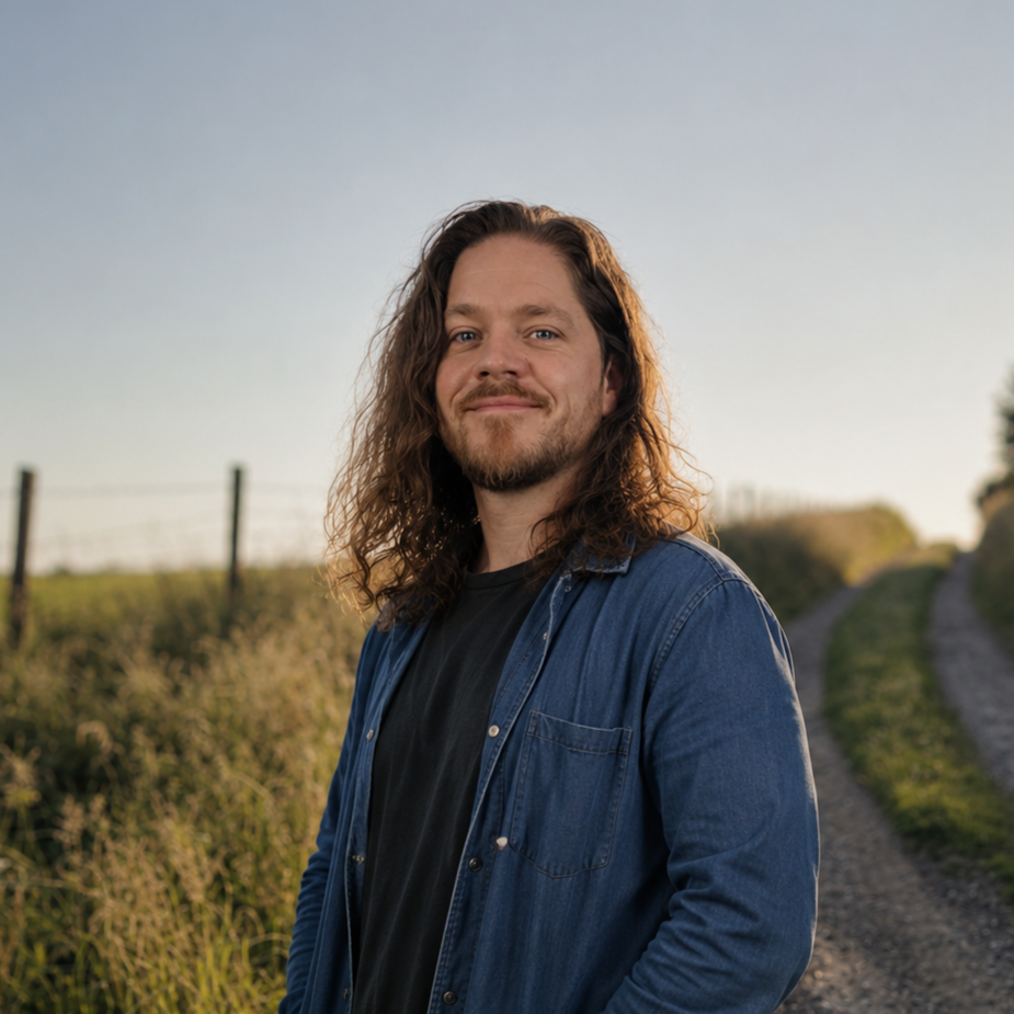 A creative-looking man with long curly hair and a beard standing outdoors on a rural track in the Scottish countryside, smiling at the camera with greenery and a fence in the background during sunset or late afternoon.