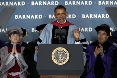 President Obama delivers the commencement address to graduates at all-female Barnard College, on the campus of Columbia University in New York May 14. Op-ed contributor Anne E. Fernald writes: ' Whatever crises higher education faces – and they are many – we will be better armed to face them if we remember why we value the humanities in the first place.' Richard Drew/AP/File