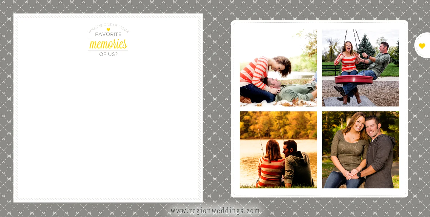 Two page spread featuring a Favorite Memories section with engagement pictures on the opposite side.