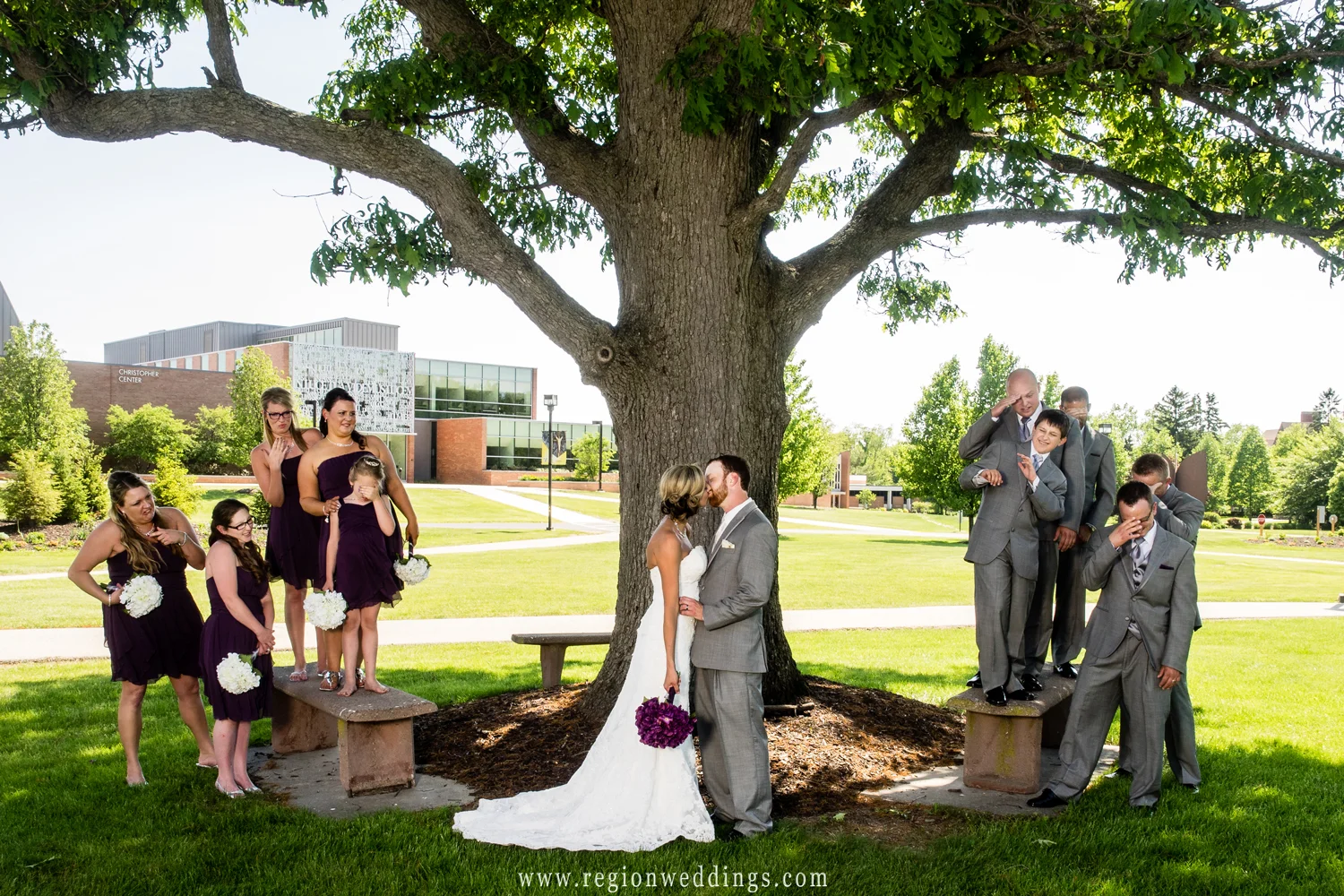 The wedding party looks on in mock horror as the bride and groom kiss.