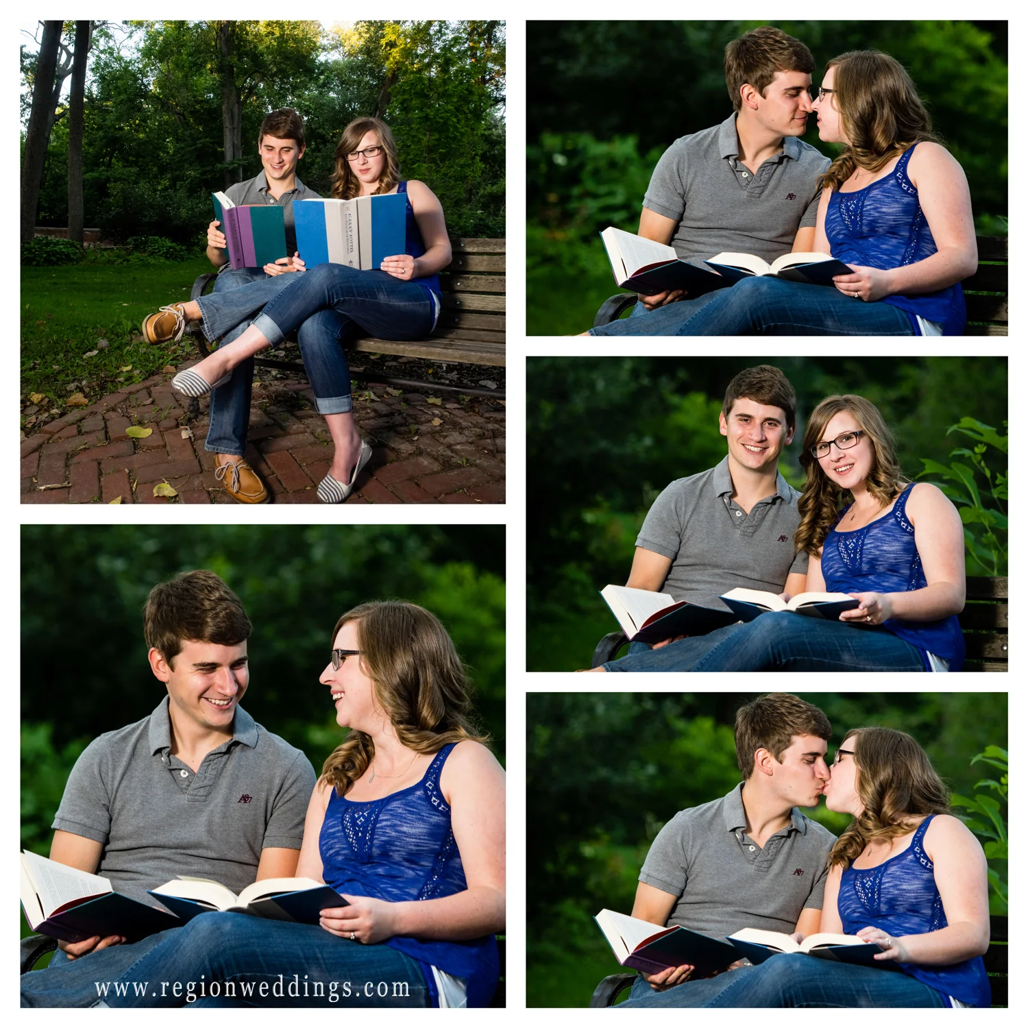 A young couple reads Harry Potter for their engagement photos.