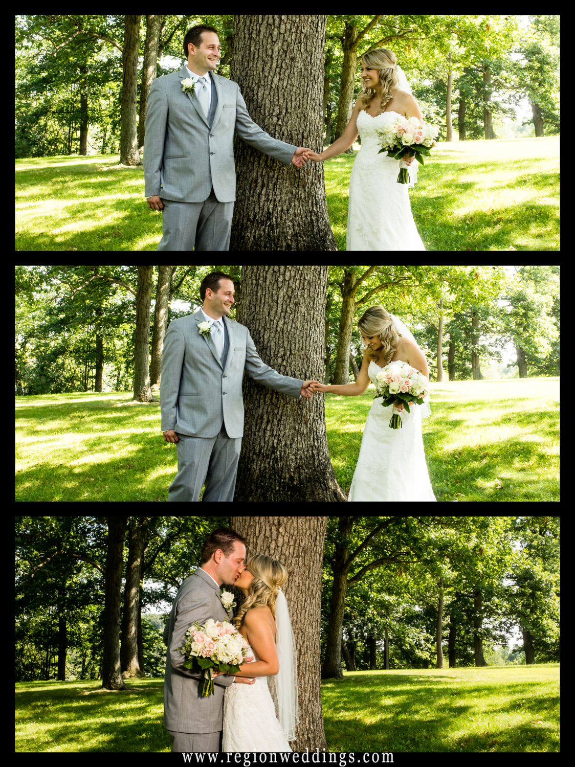 A montage of images from an bride and groom's first look at Lemon Lake Park.