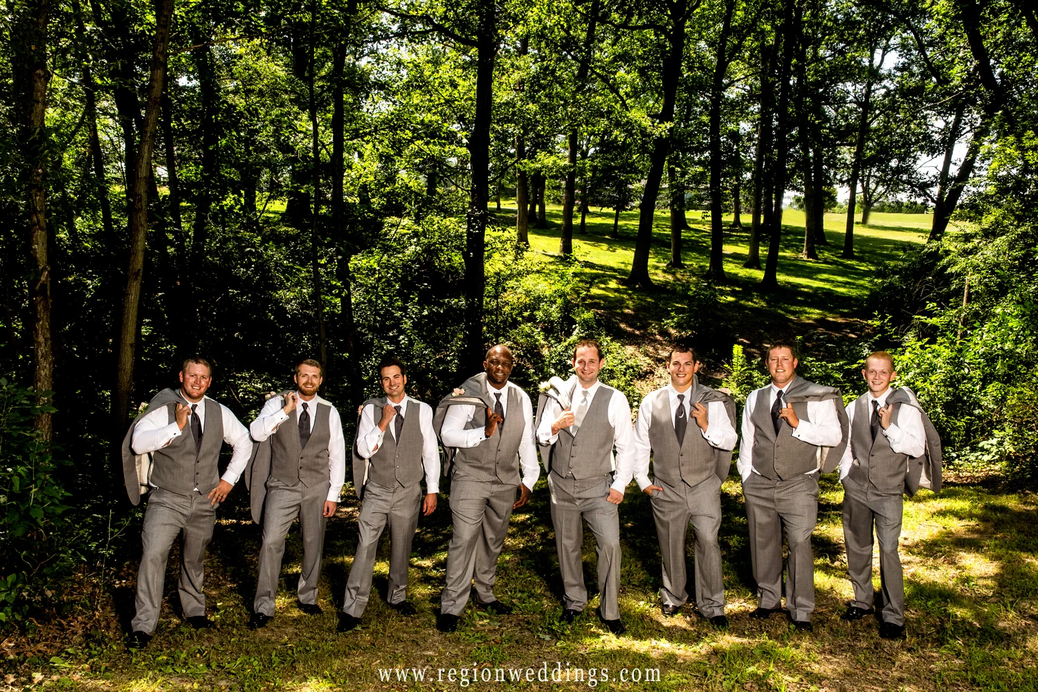 The groomsmen pose for a casual shot at Lemon Lake Park before the wedding ceremony.