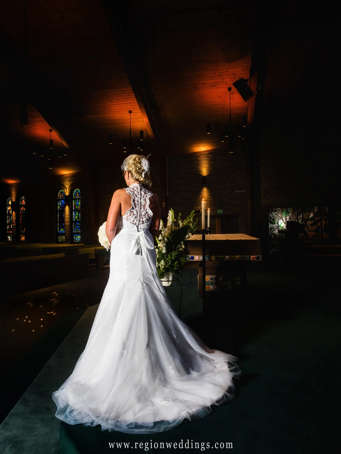 The bride's wonderful dress on display at the church altar.