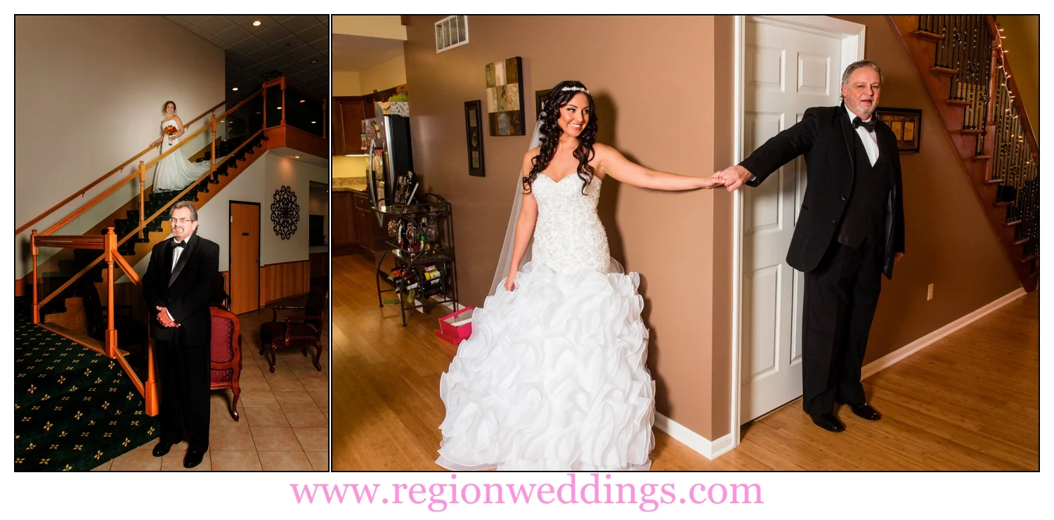 Father and daughter wedding day first look photo collage.