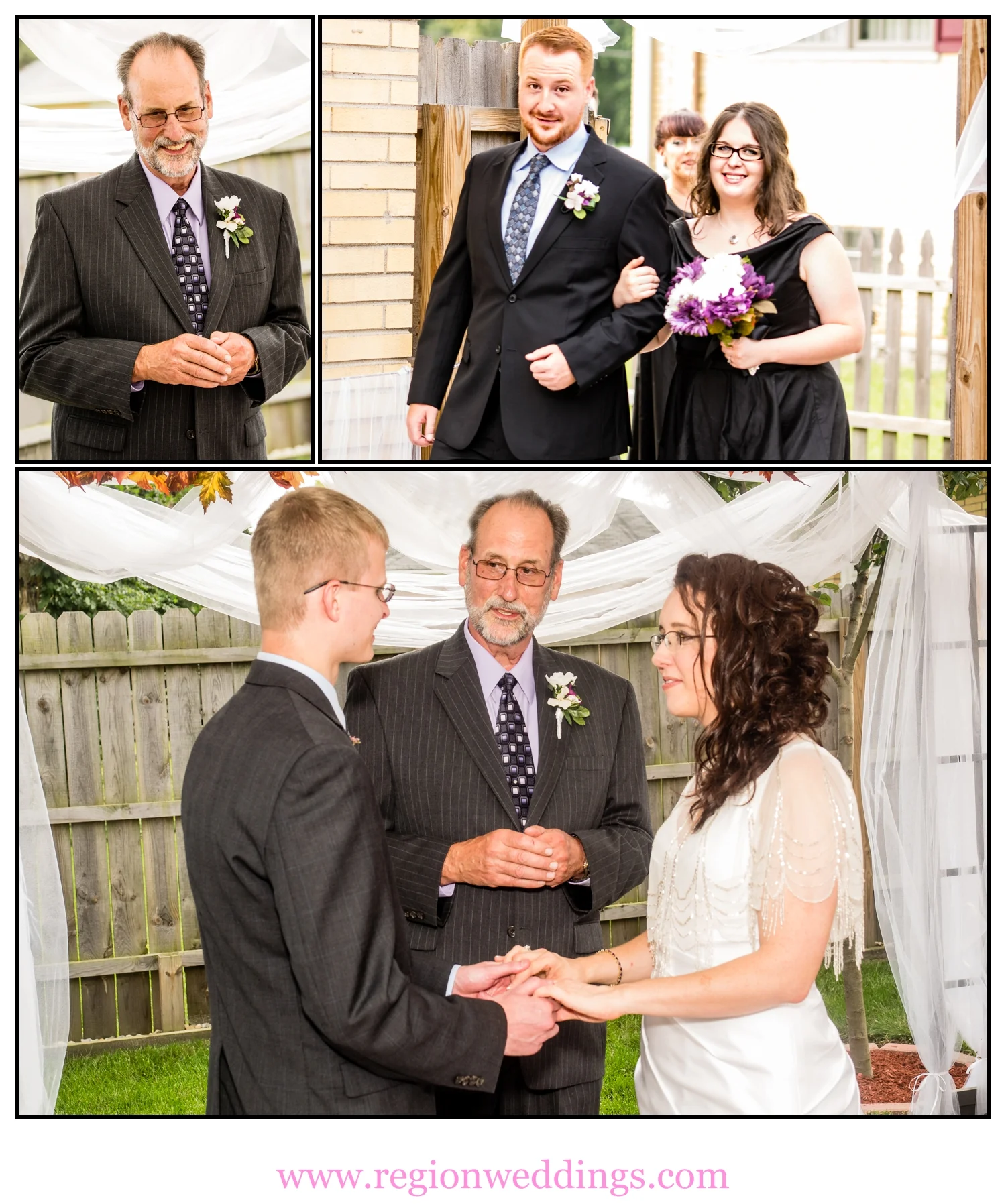 Photo collage of an intimate outdoor wedding ceremony.