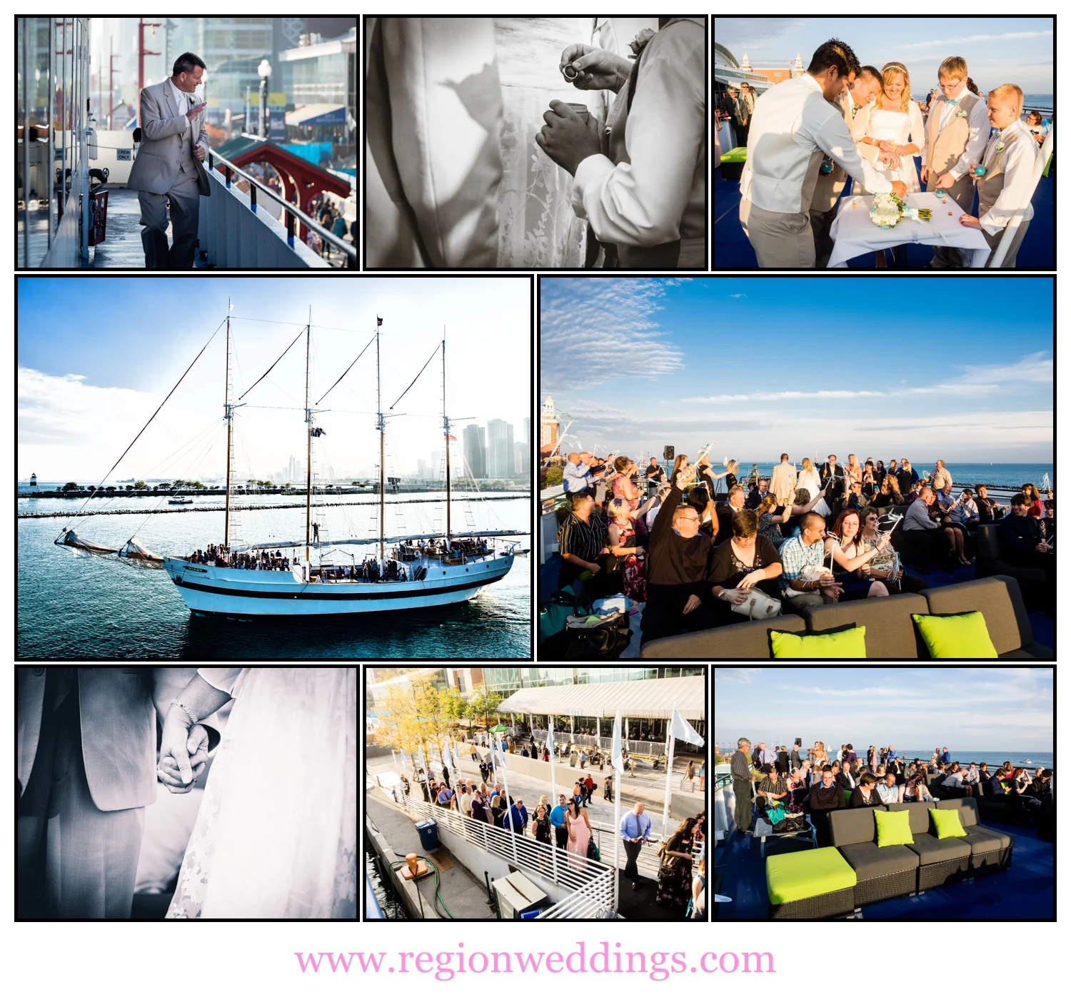 Wedding ceremony aboard the Mystic Blue cruise ship at Navy Pier in Chicago.