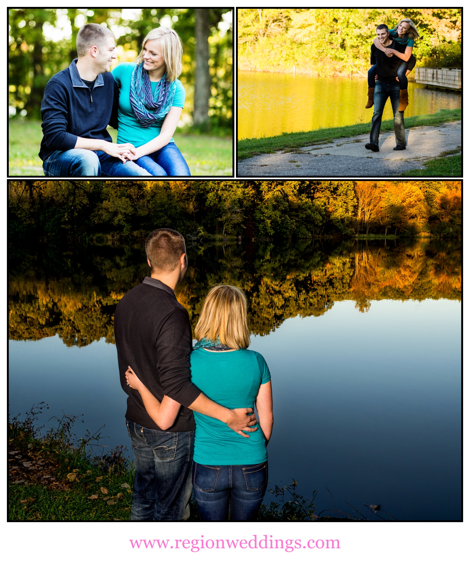 A collage of Fall engagement photos at Lemon Lake Park.