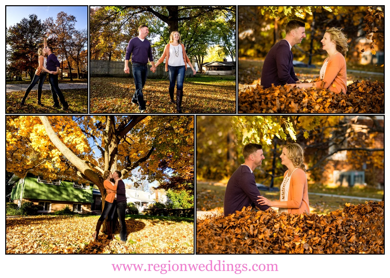 A collection of Fall engagement photo in a Crown Point neighborhood. 