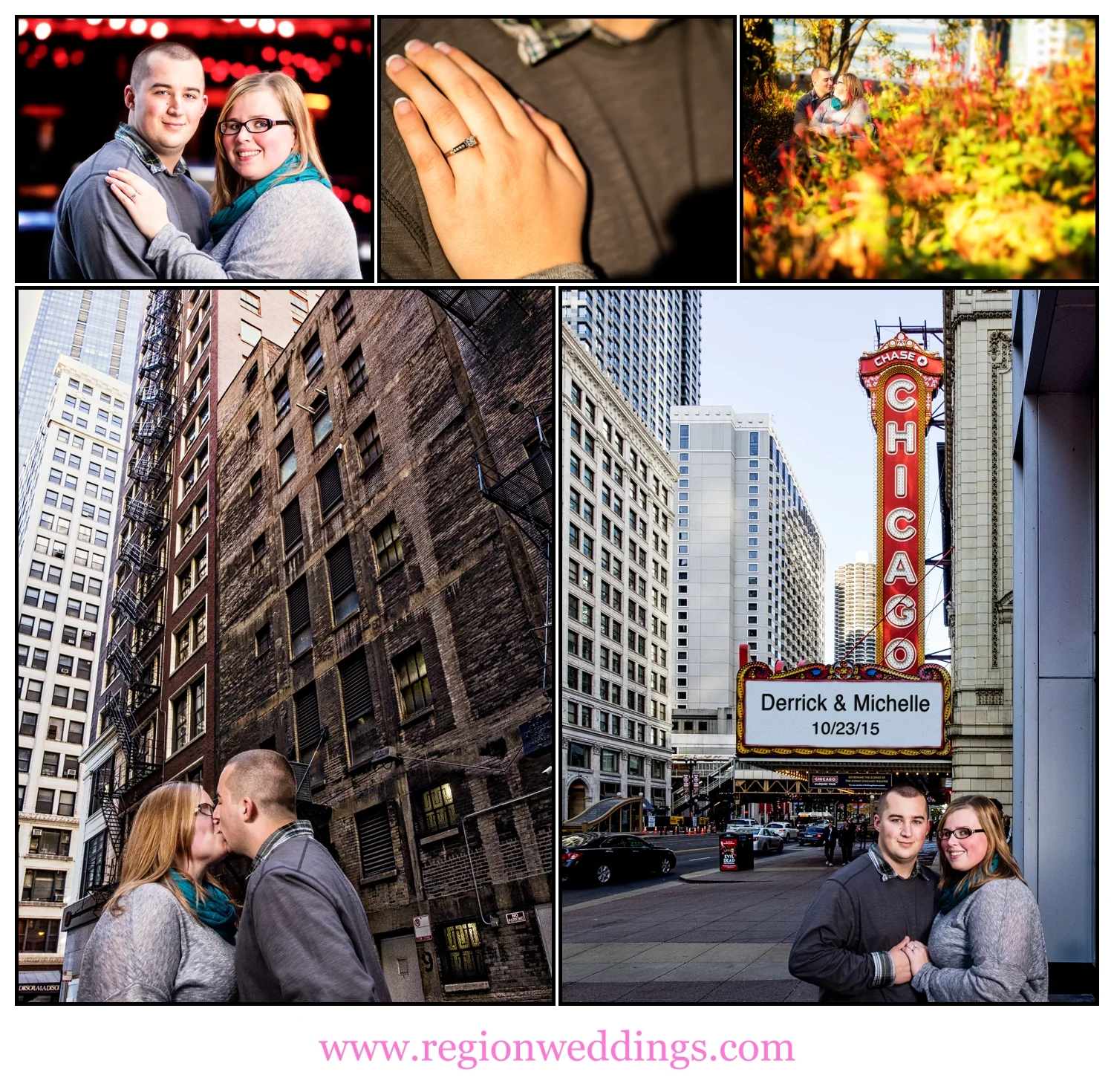 A photo collage of engagement photos in downtown Chicago.