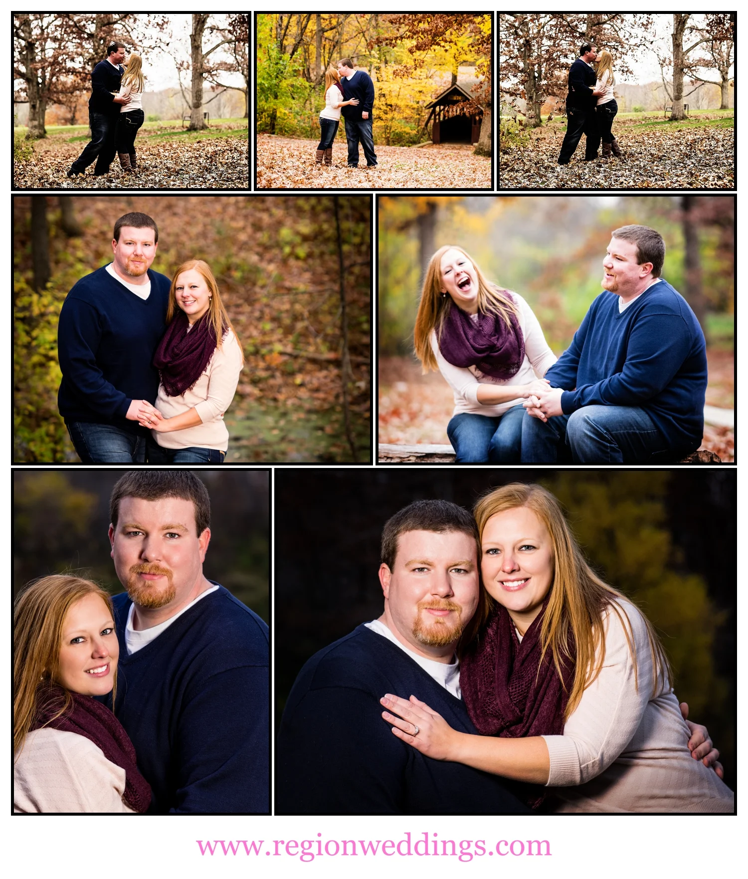 An Autumn engagement session in Crown Point, captured in a collage of images.