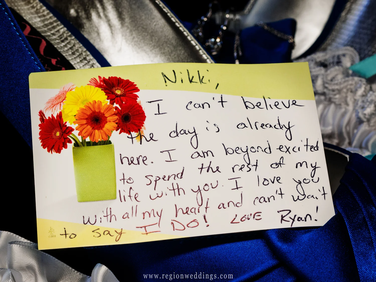 The groom's handwritten love note to his bride to be.