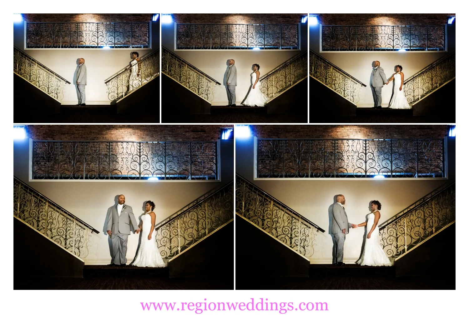 The bride and groom have their first look at bottom of The Allure staircase.