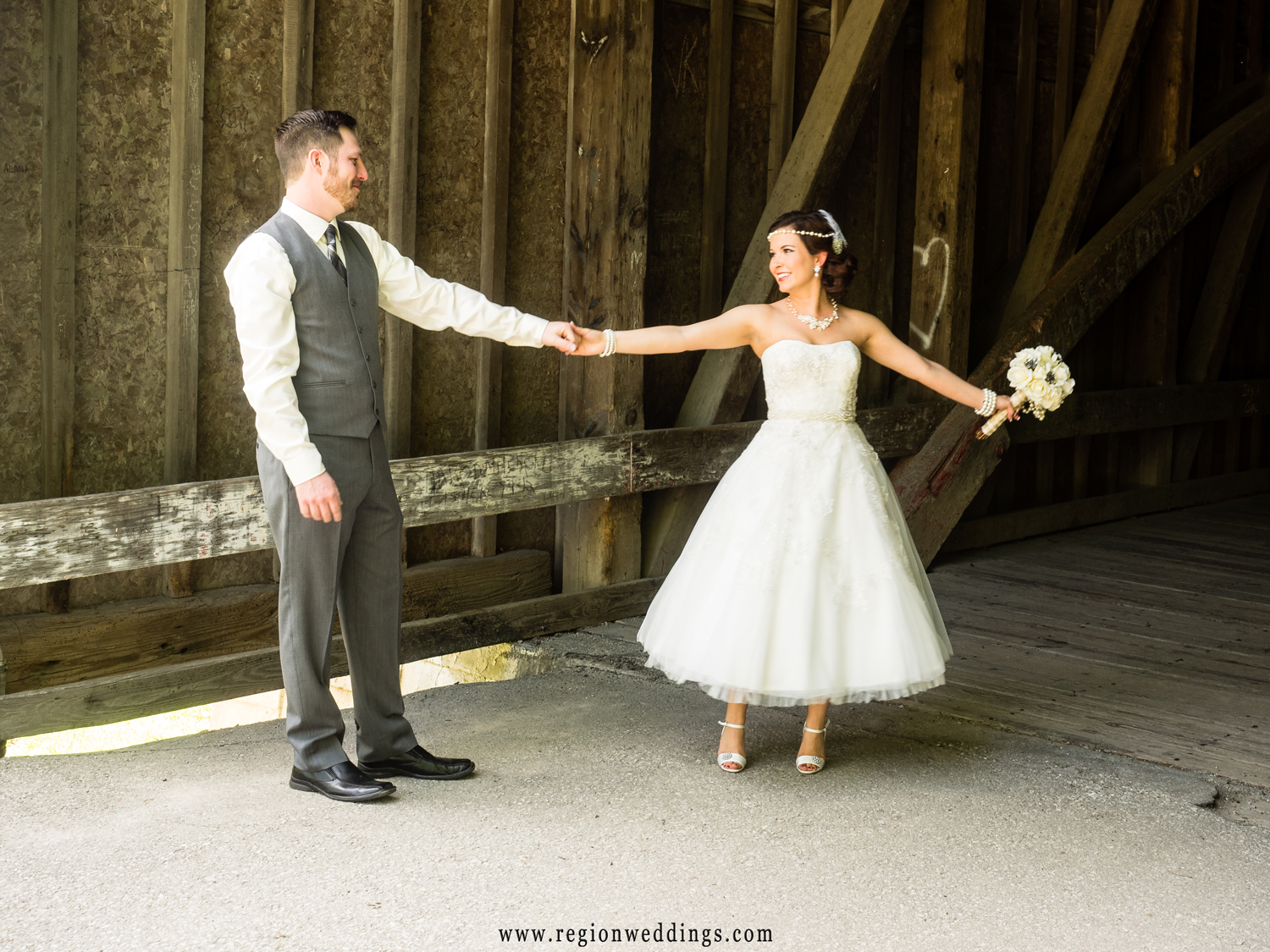 A playful dance between bride and groom after their first look.