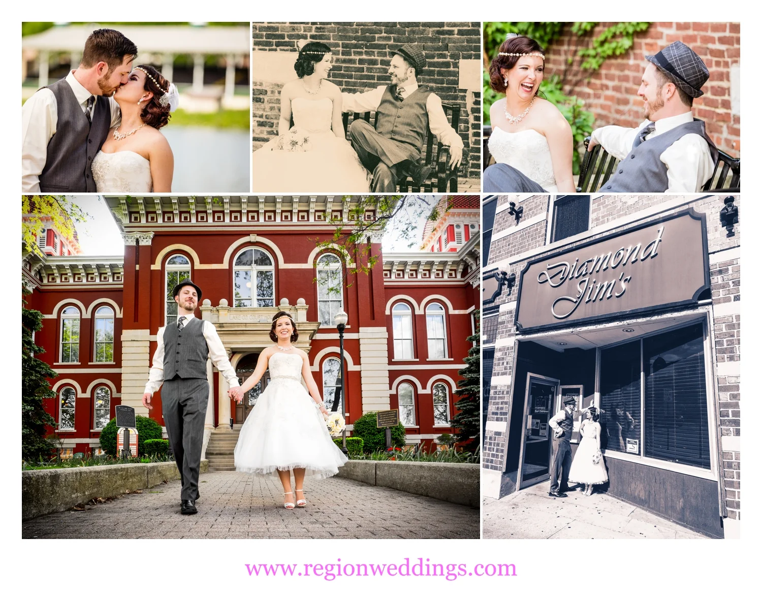 Wedding photos around the downtown Crown Point Square.