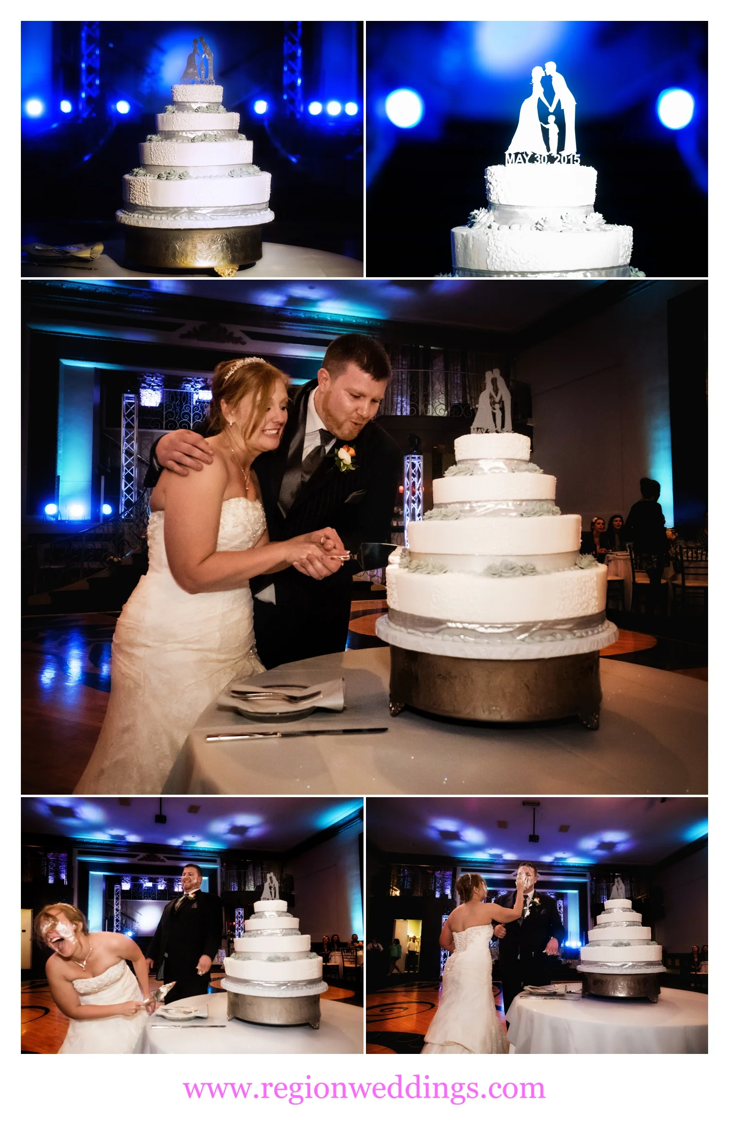 The bride and groom cut the cake at The Allure during their wedding reception.