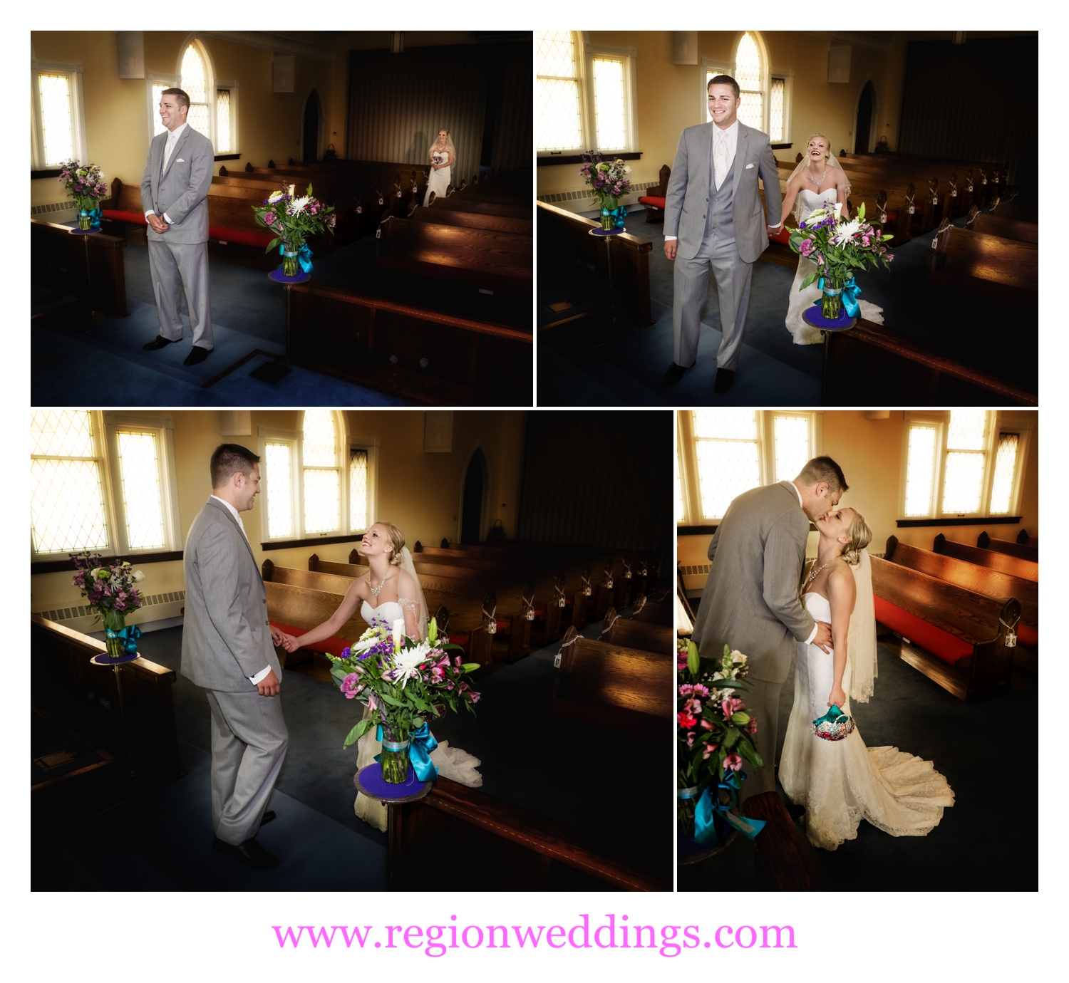 First look for the bride and groom at United Methodist Church in Hebron, Indiana.