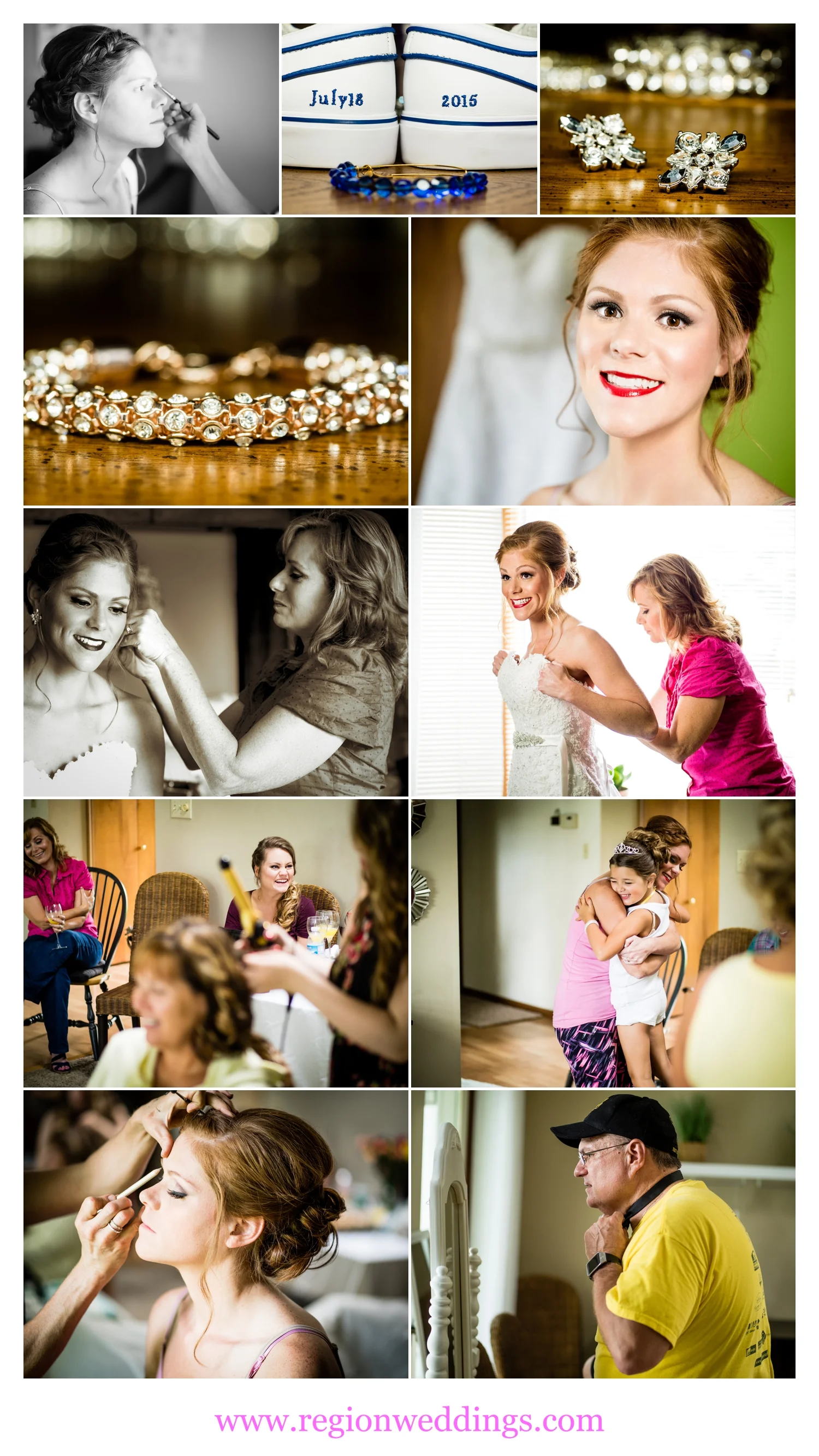 The bride and bridesmaids and family get ready for the big day.