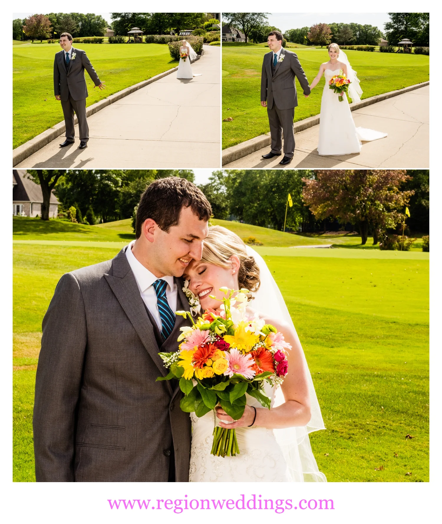 First look for the bride and groom at Sand Creek Golf Course