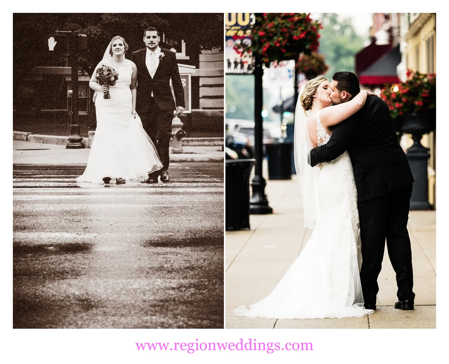The bride and groom take to the streets of the downtown Crown Point Square.