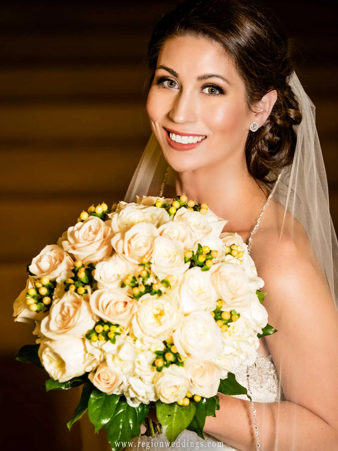 Portrait of the bride inside Lowell United Methodist Church.