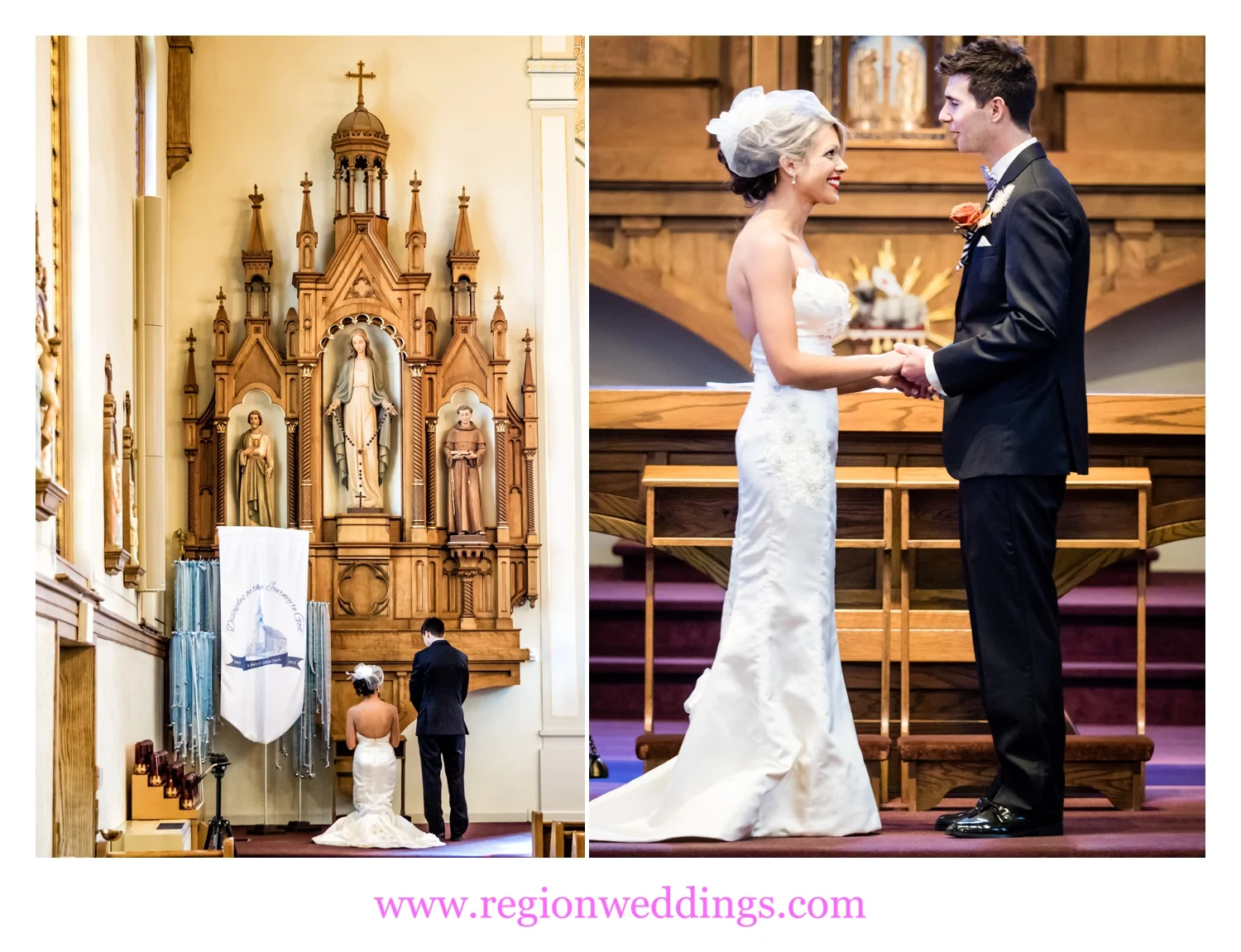 The bride and groom are married at St. Mary's Catholic Church in Crown Point, Indiana.