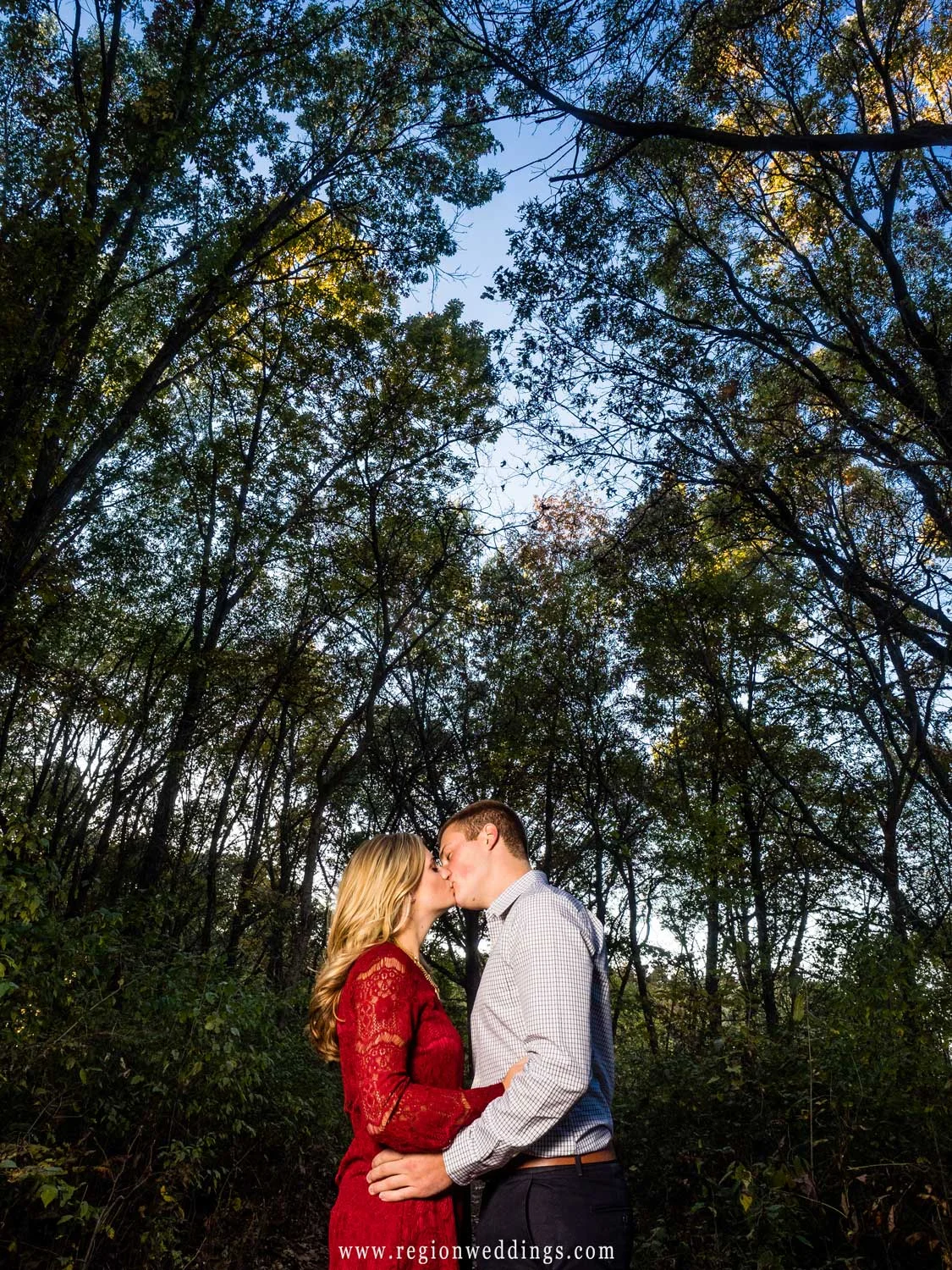 A kiss underneath the the tall trees of Taltree Arboretum.