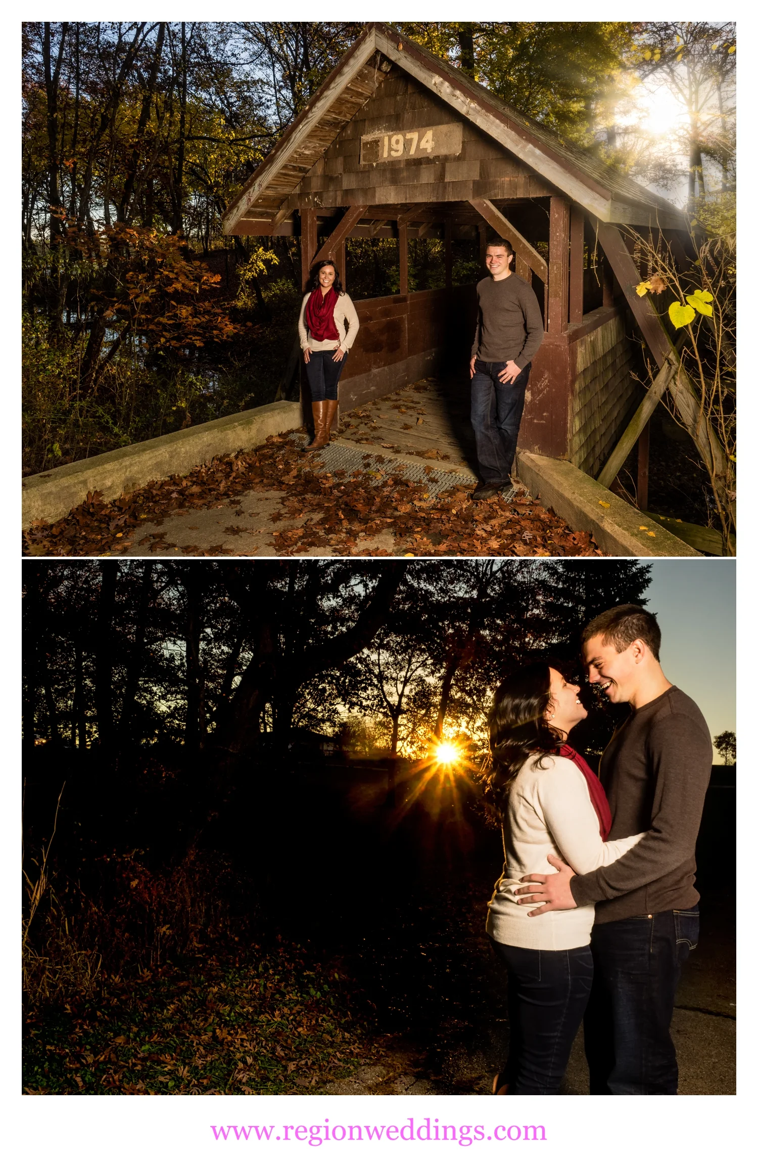 The sun peek through the trees at a Fall engagement photo session.