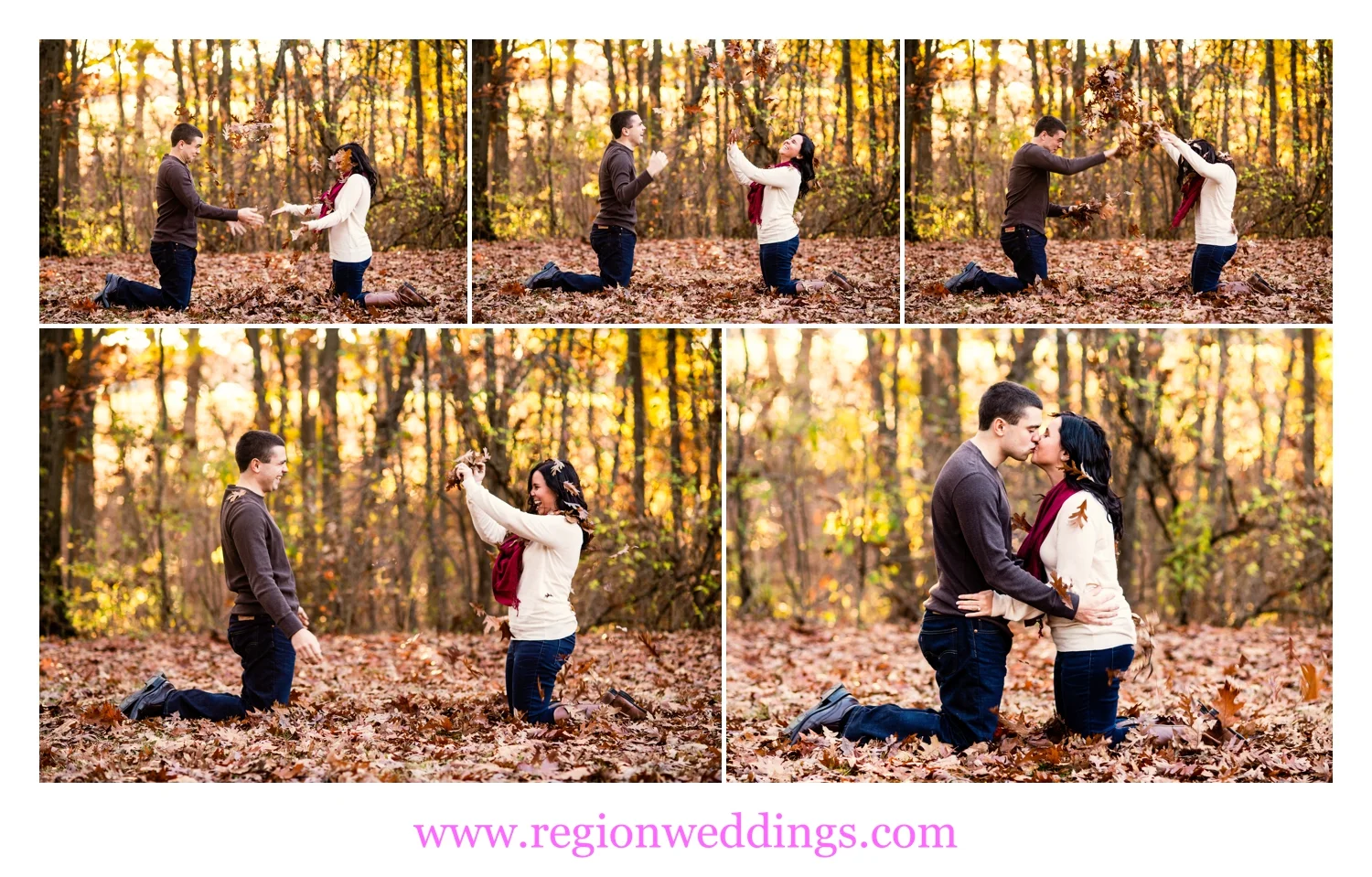 An engaged couple has a leaf fight for their photo session.