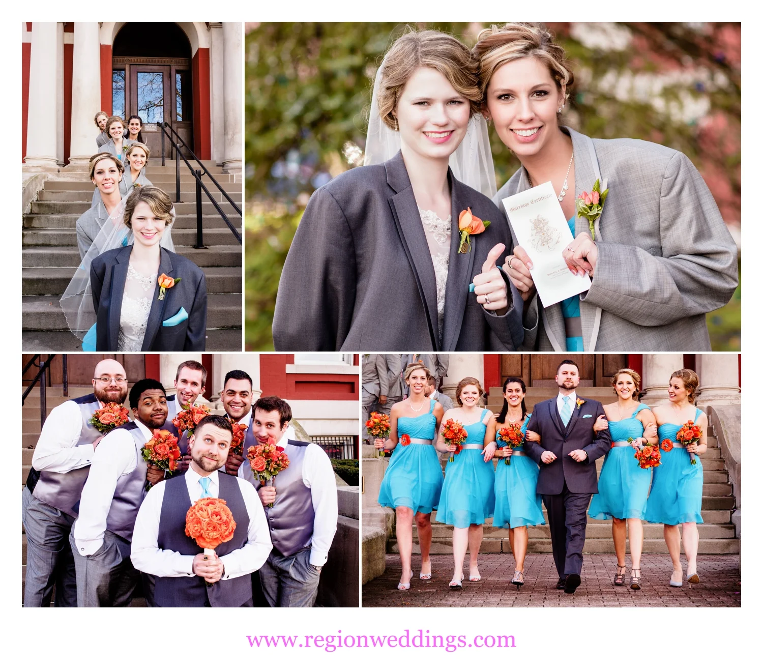 Fun wedding photos at the downtown Crown Point Square.