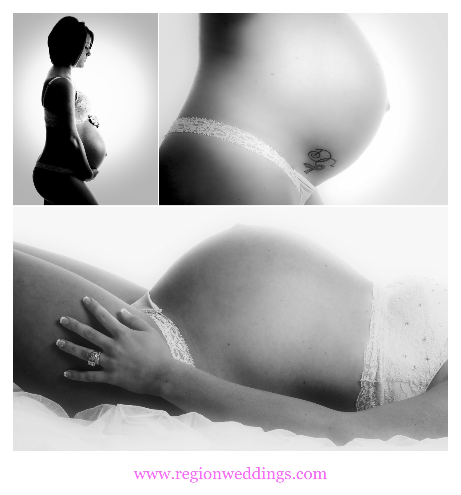 Black and white photos of an in studio maternity session.