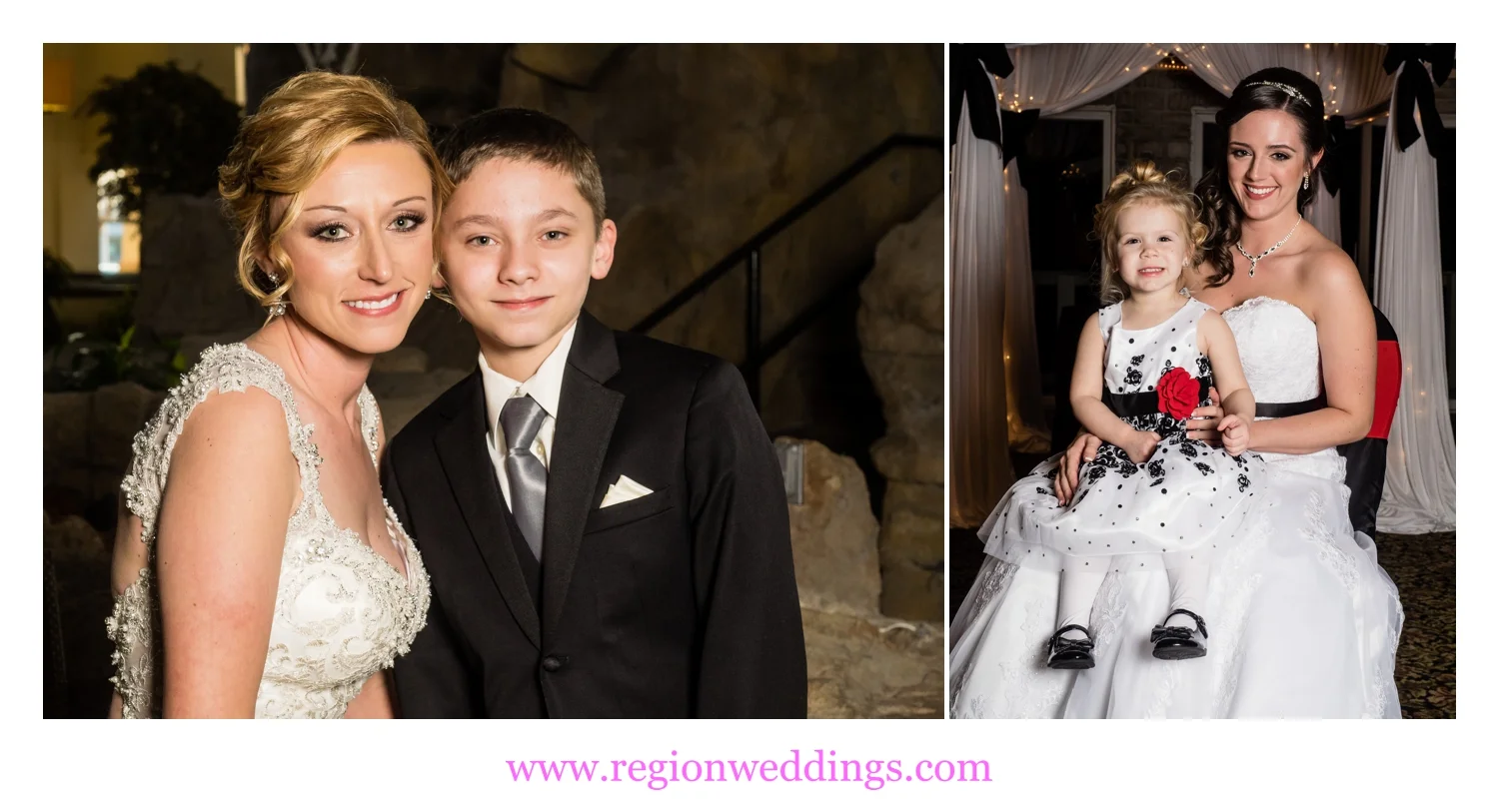 Brides with their children on wedding day.