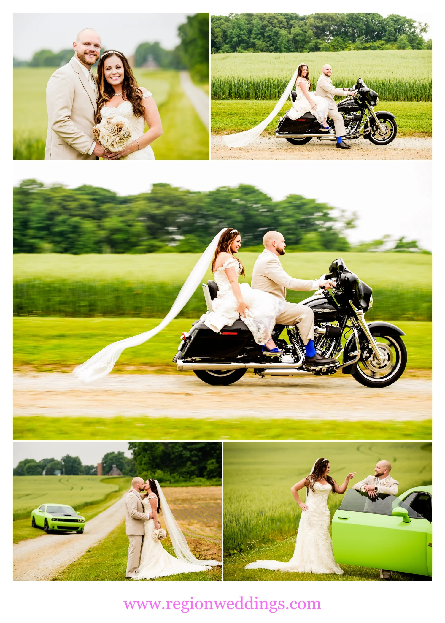 Fun wedding photos of Harley's, hot rods and a bride and groom.