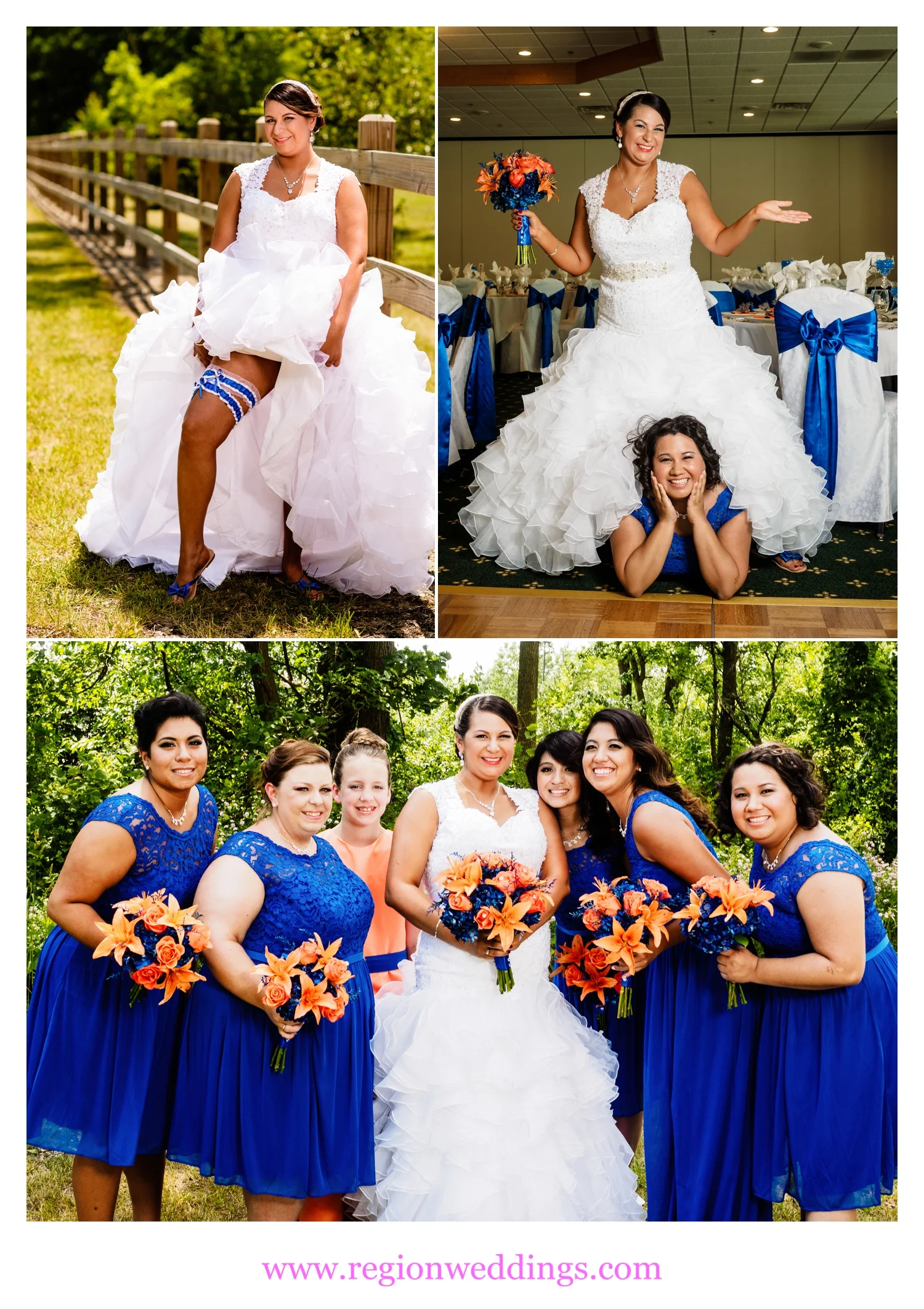 Bridesmaids in lovely blue dresses pose with the bride.