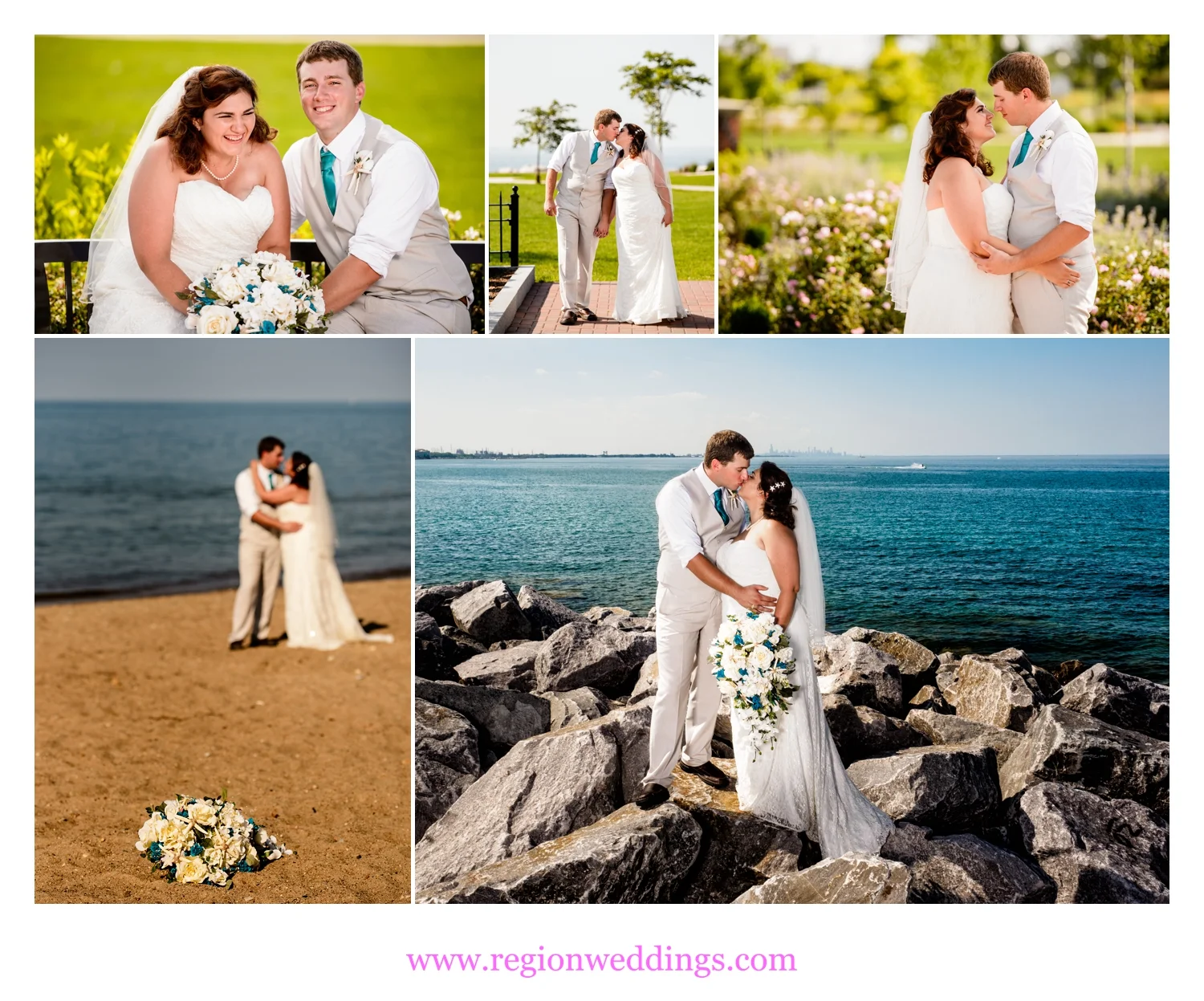Wedding photos of the bride and groom on the shore of Lake Michigan.