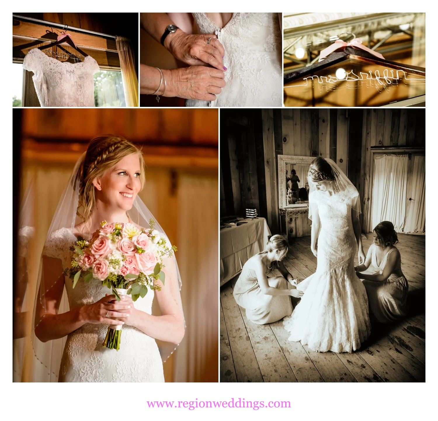 Tending to the wedding dress at the bridal suite inside County Line Orchard.