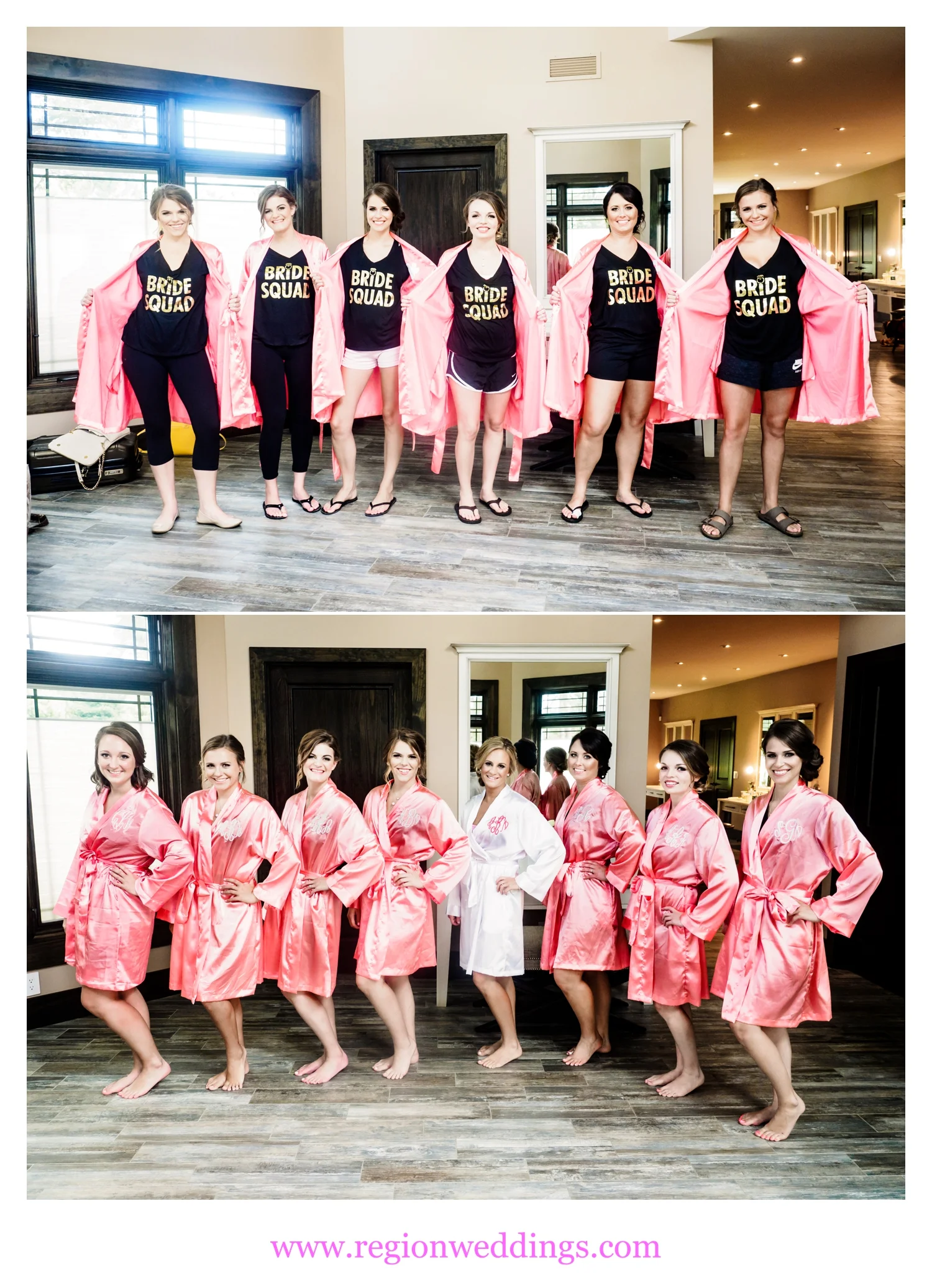 Bride and her bridesmaids show off their monogrammed salmon colored robes.
