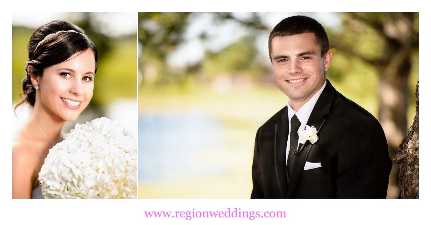 Portraits of the bride and groom in separate locations before their outdoor wedding ceremony.