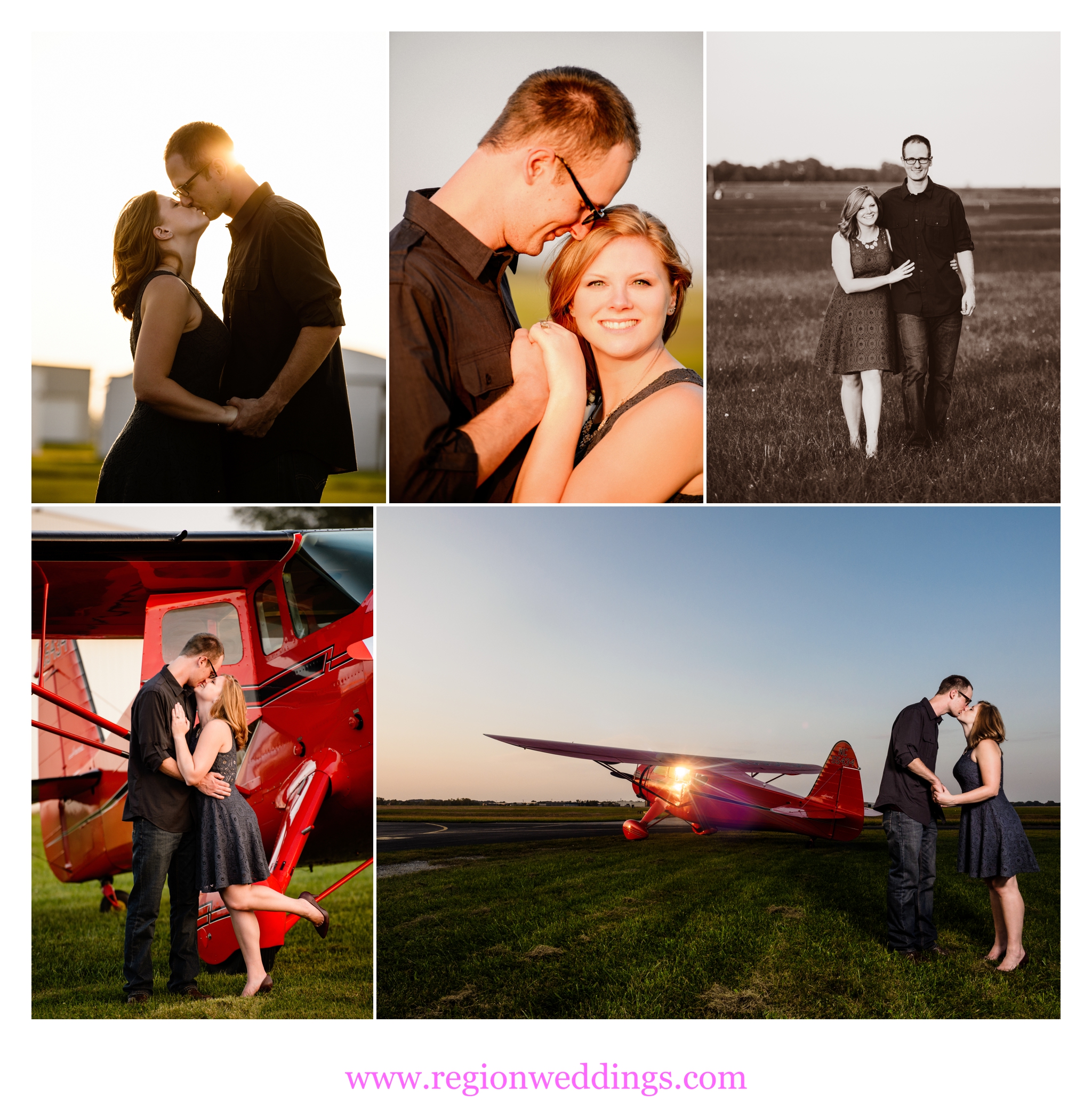 Romantic engagement photos at Porter County Municipal Airport in Valparaiso, Indiana.