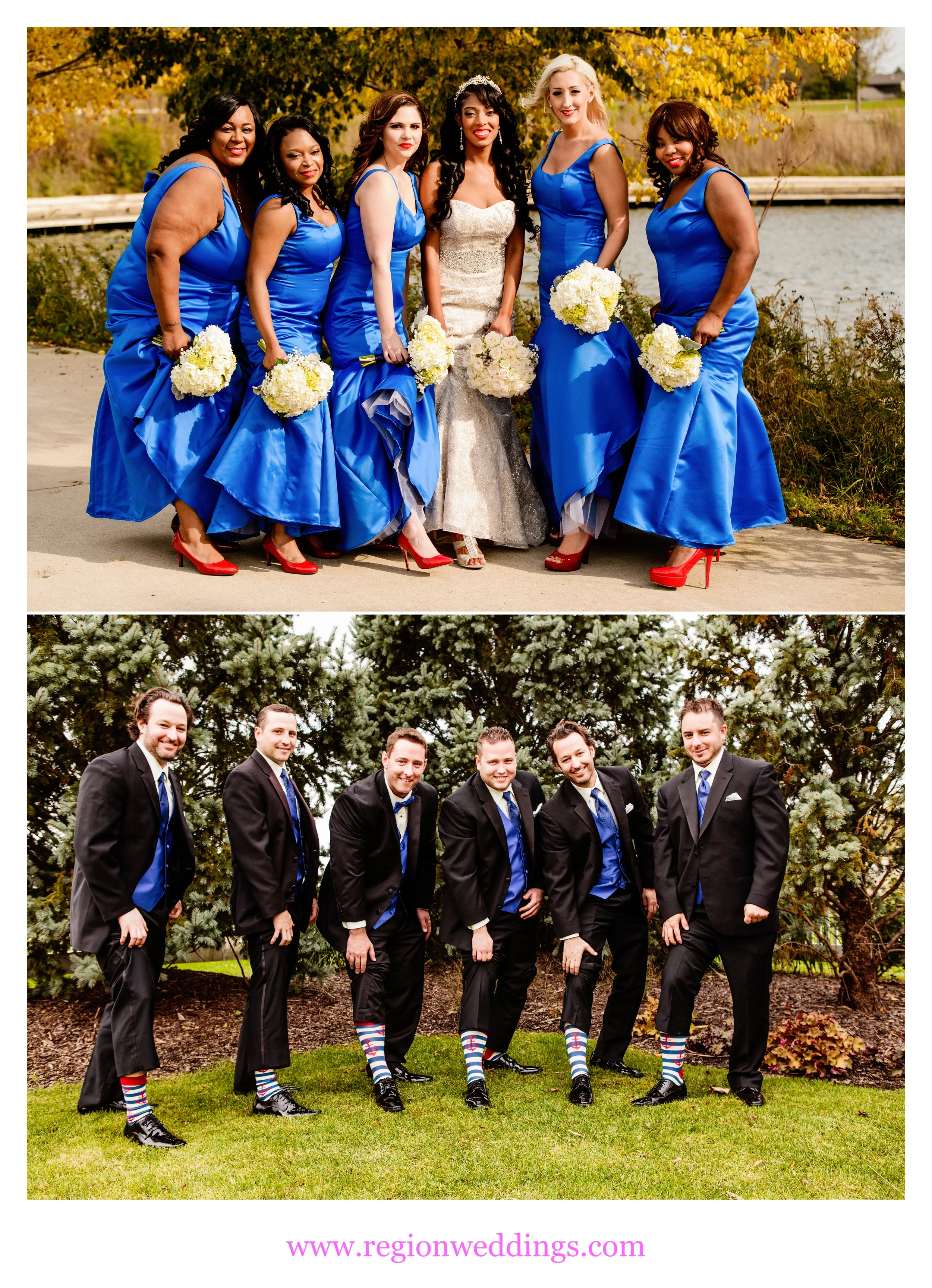 The wedding party shows off their socks and shoes.