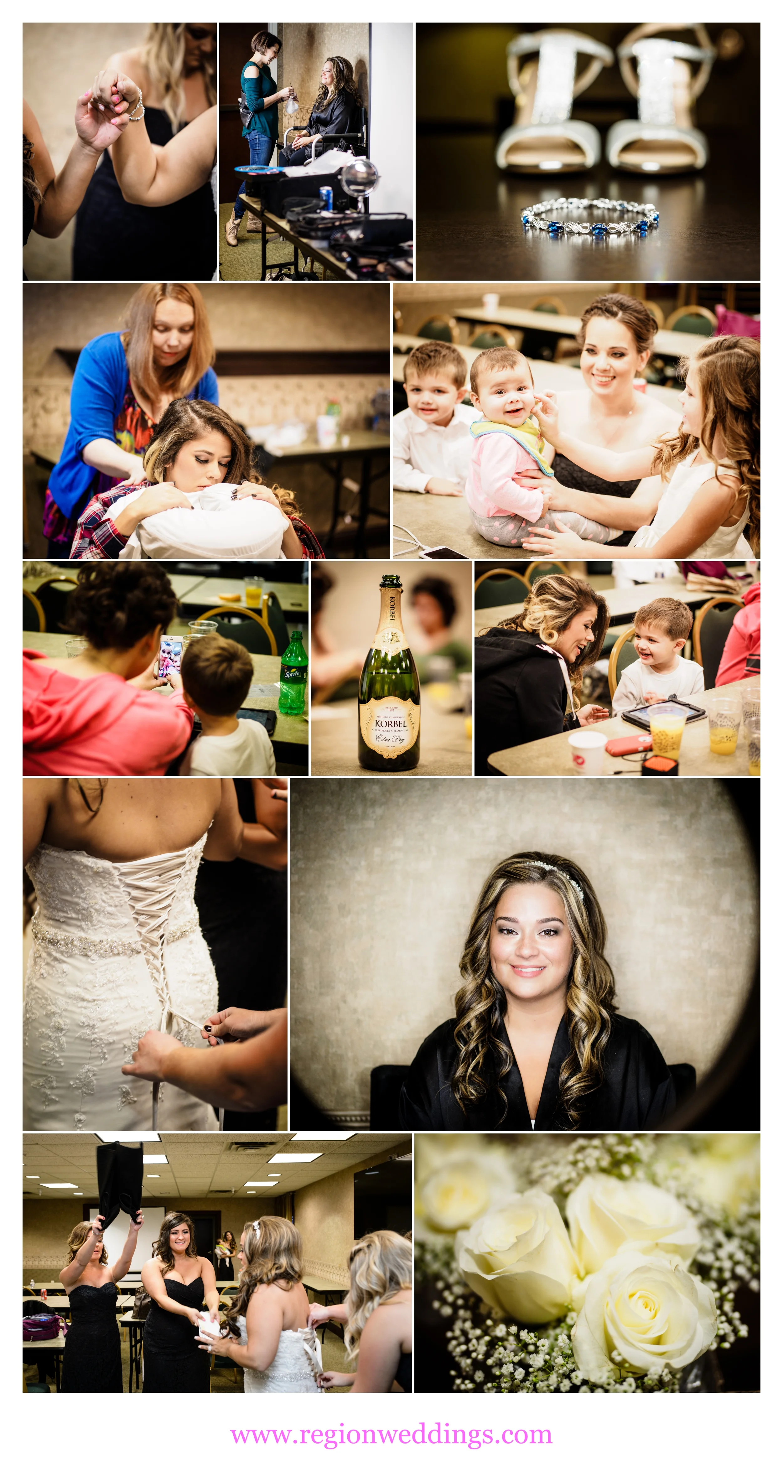 Bridal prep at the Hampton Inn in Valparaiso, Indiana.