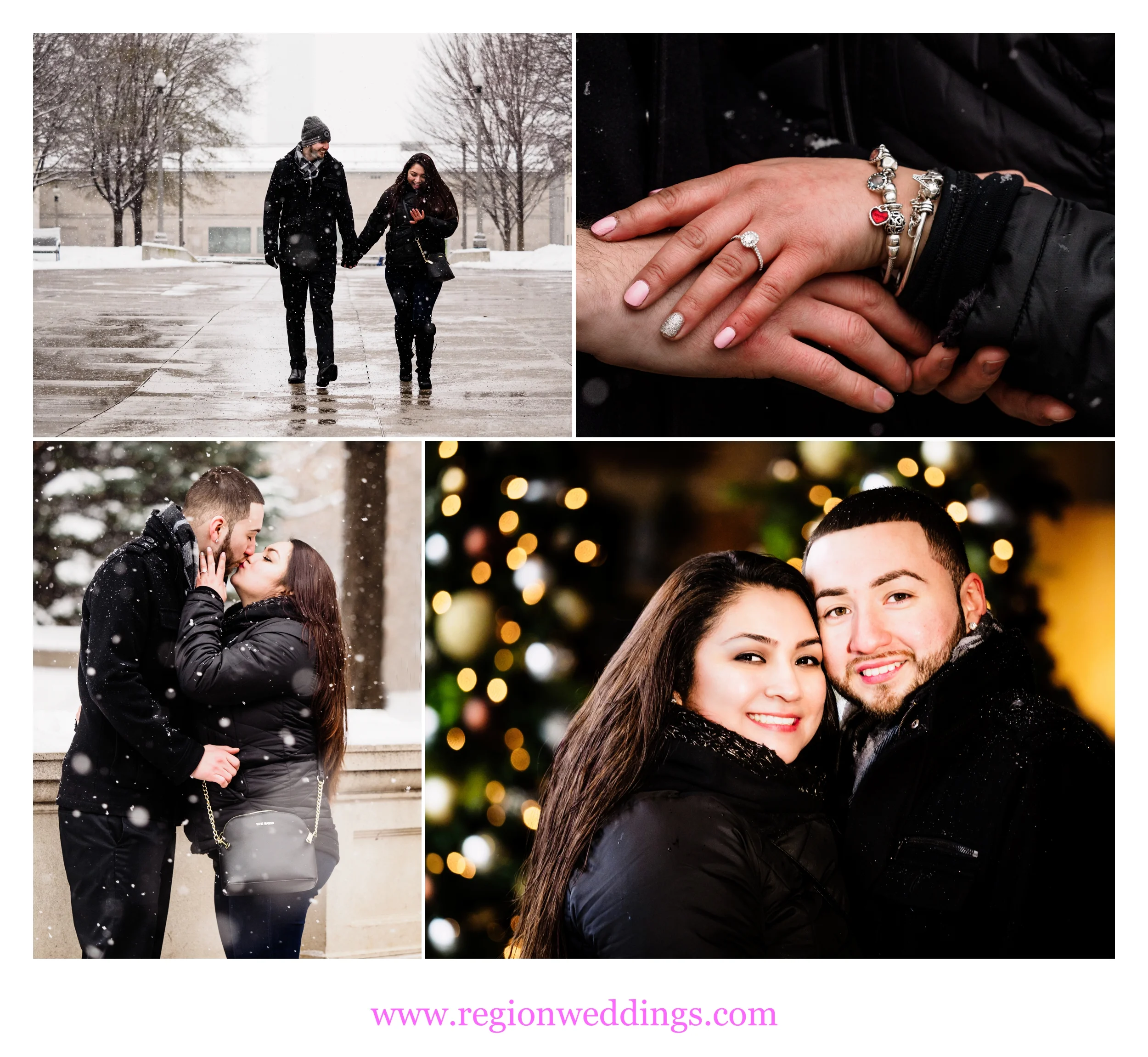 A newly engaged couple in Chicago during a December snow storm.