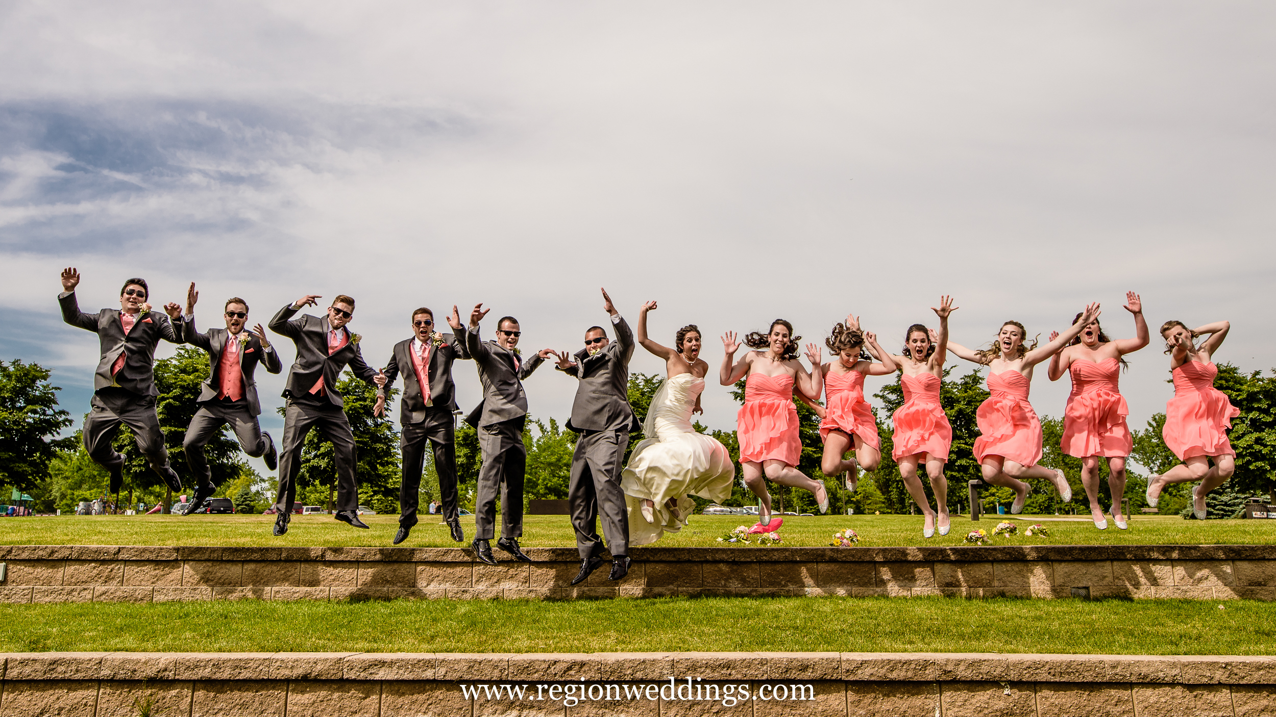 The classic wedding party jumping shot.