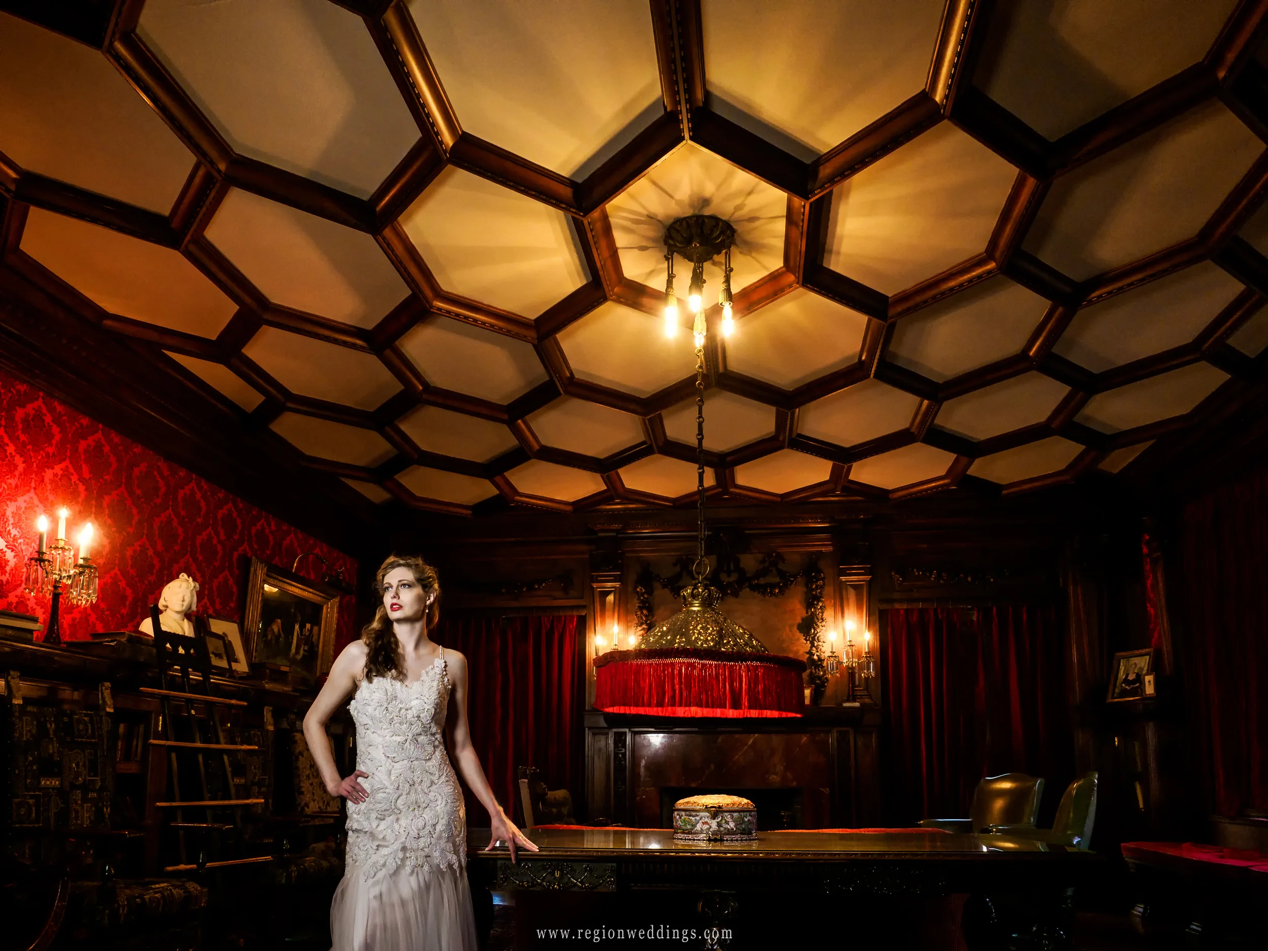 Elegant wedding photo at historic Barker Mansion in Michigan City, Indiana.