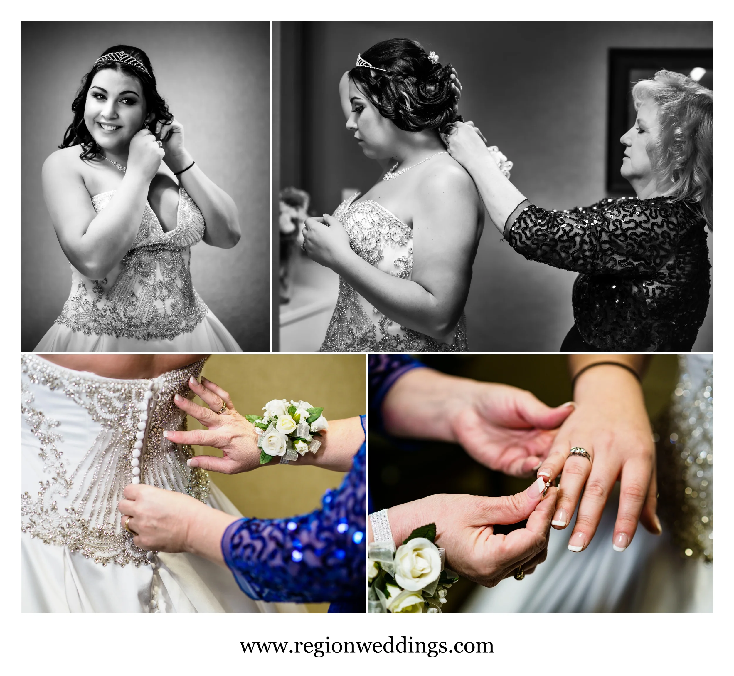 Mother of the bride helps her daughter on wedding day.