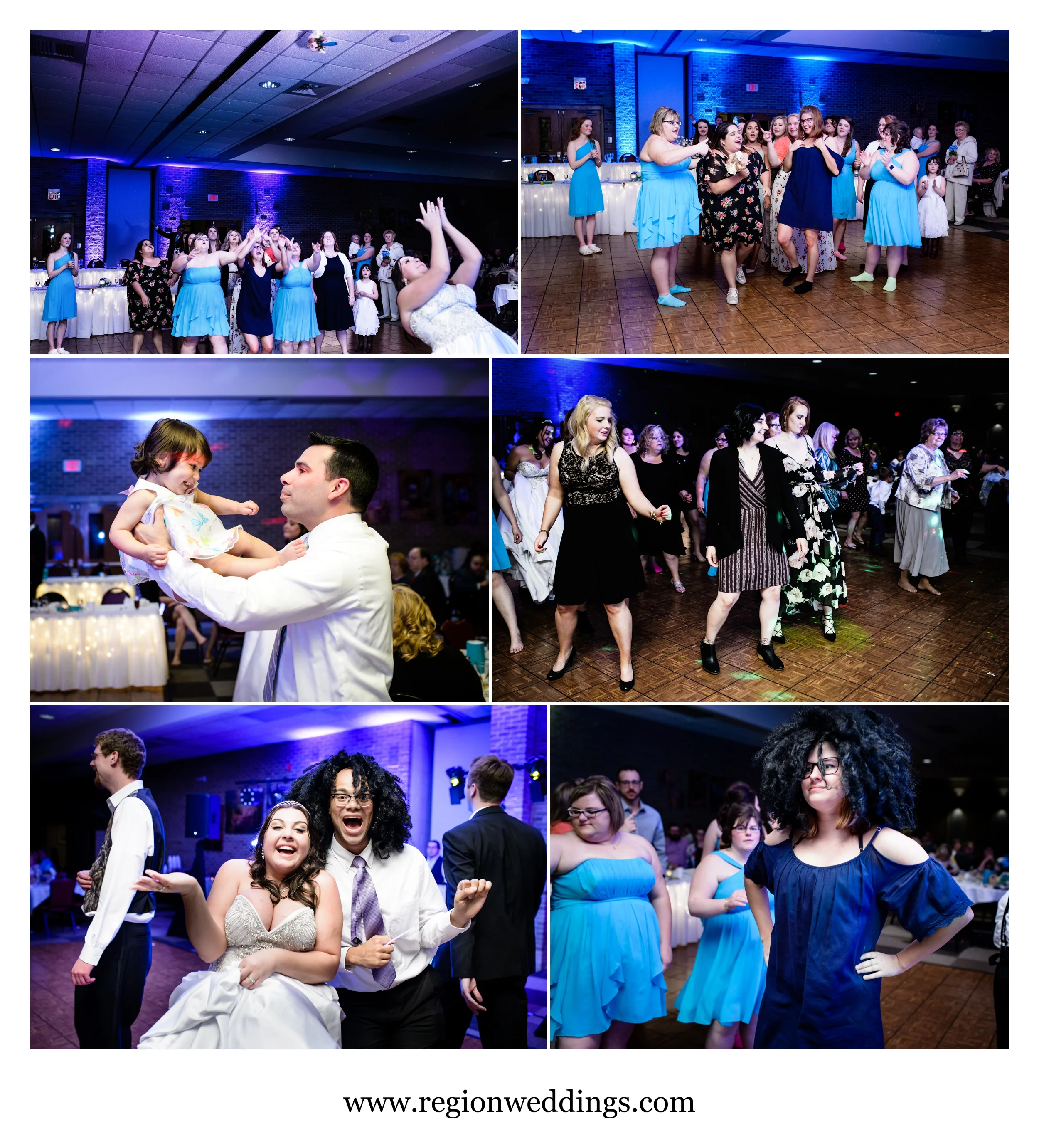 Bouquet toss and all around fun times during a wedding reception at Casa Maria in Dyer, Indiana.