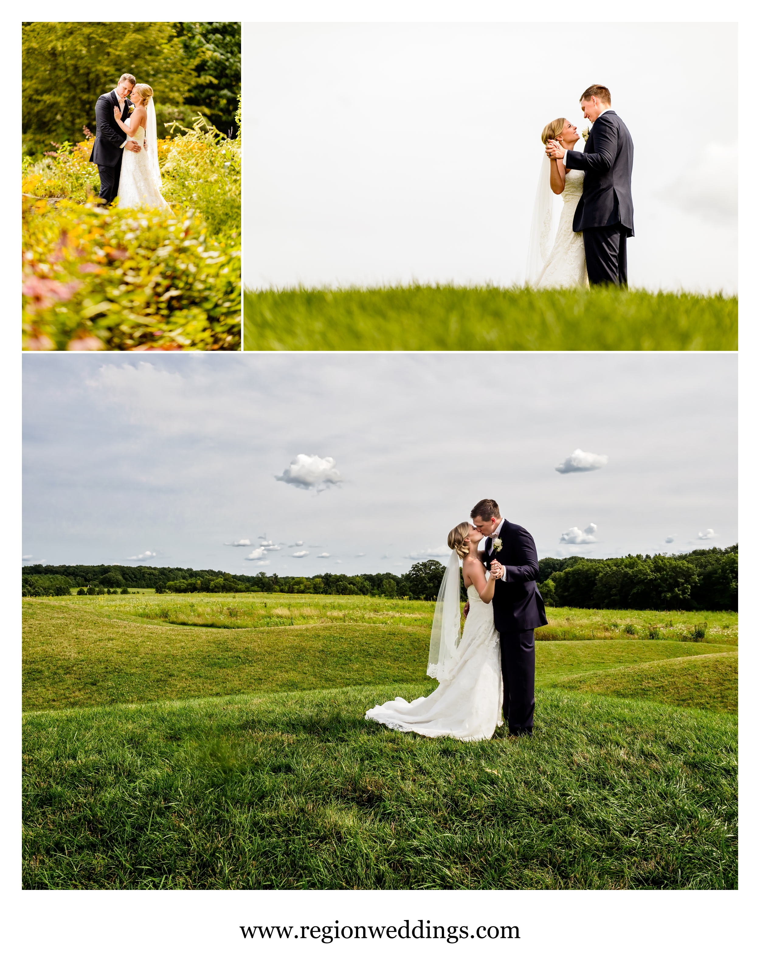 The bride and groom slow dance on the rolling hills of Taltree Arboretum nature preserve.