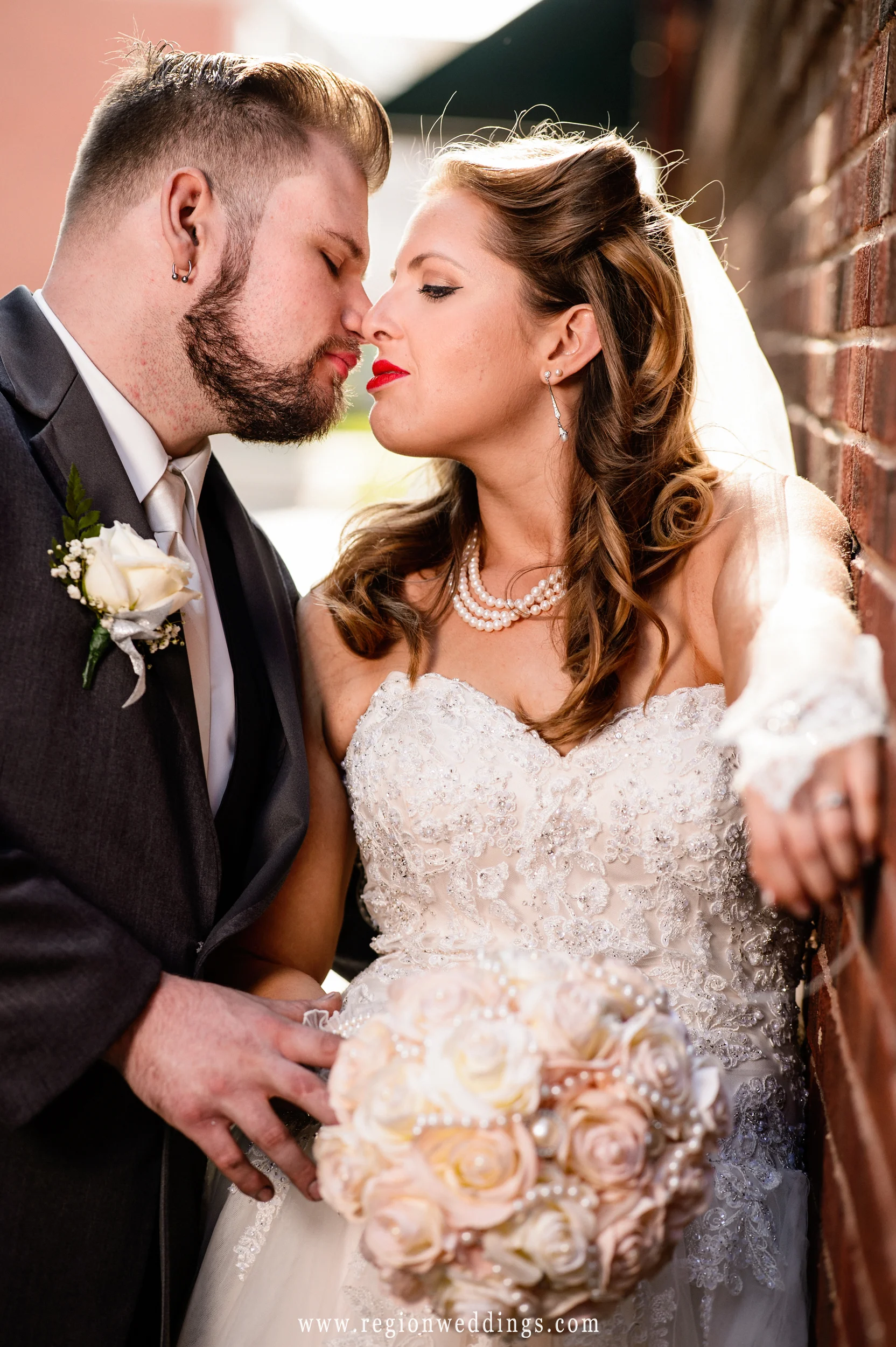 Passionate moment for the bride and groom.